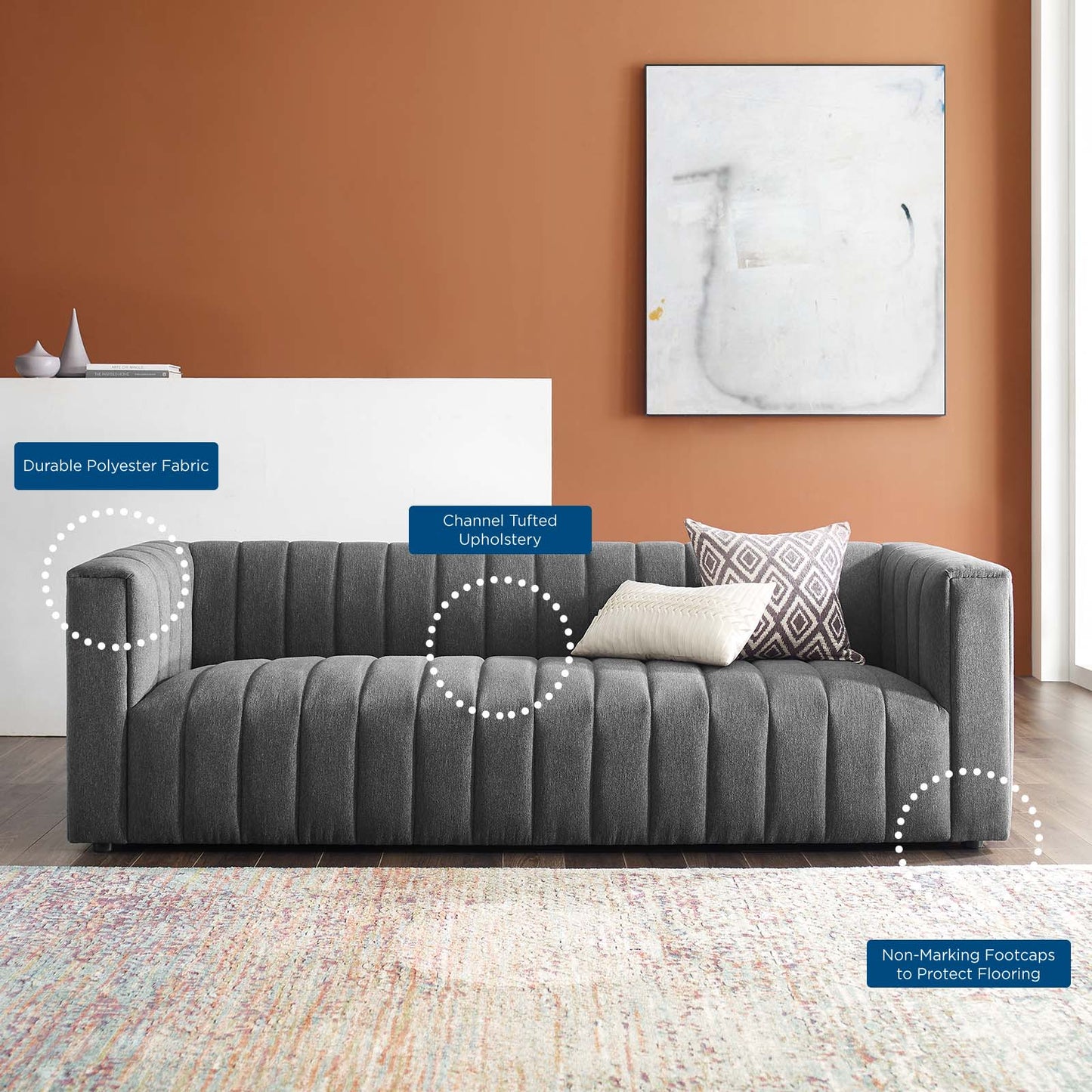 Reflection Channel Tufted Upholstered Fabric Sofa, Fabric, Dark Grey Gray, 18661