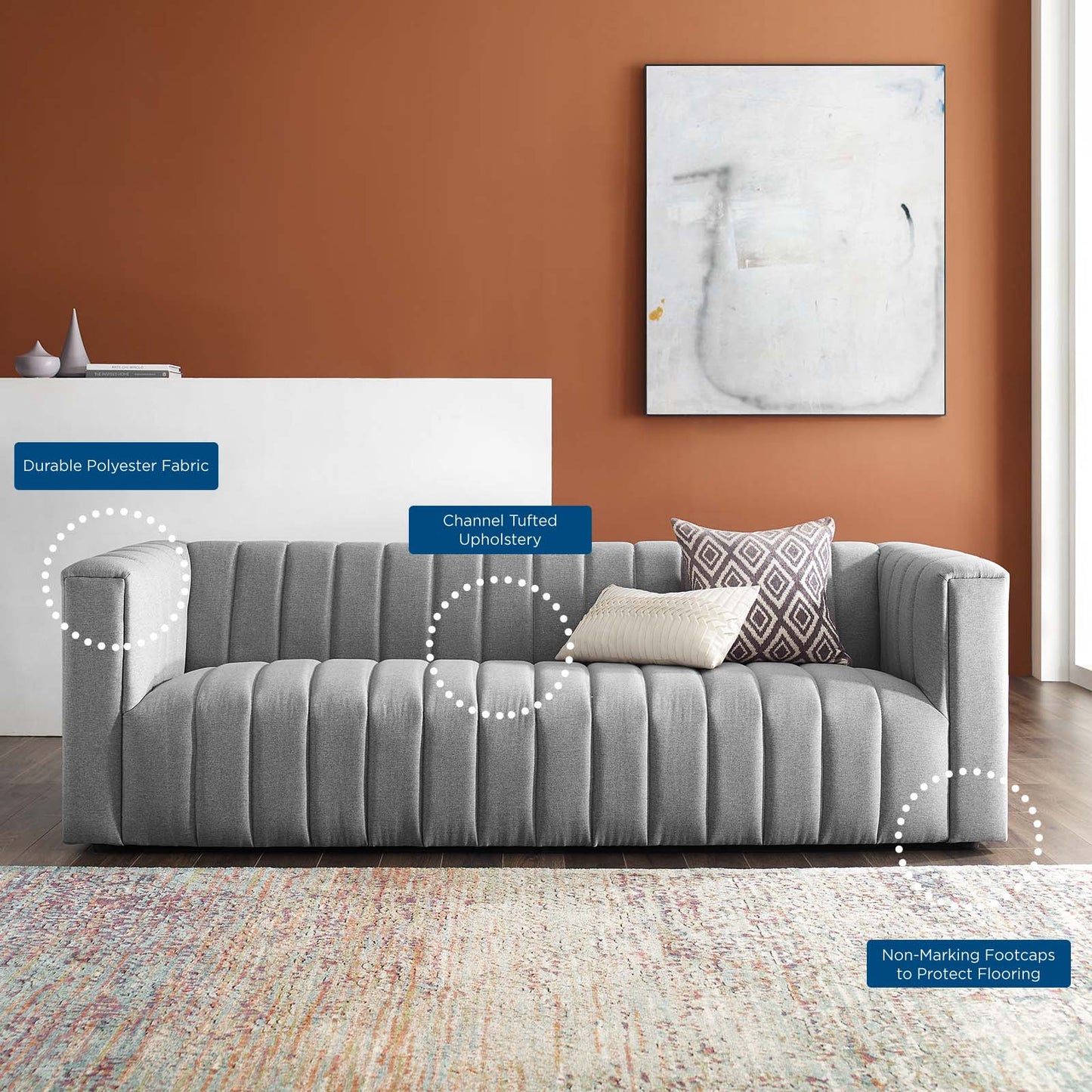 Reflection Channel Tufted Upholstered Fabric Sofa, Fabric, Light Grey Gray, 18662