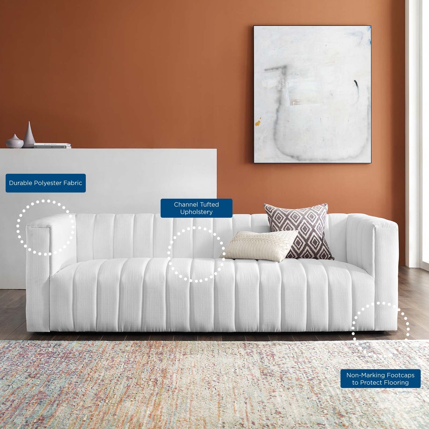 Reflection Channel Tufted Upholstered Fabric Sofa, Fabric, White, 18663