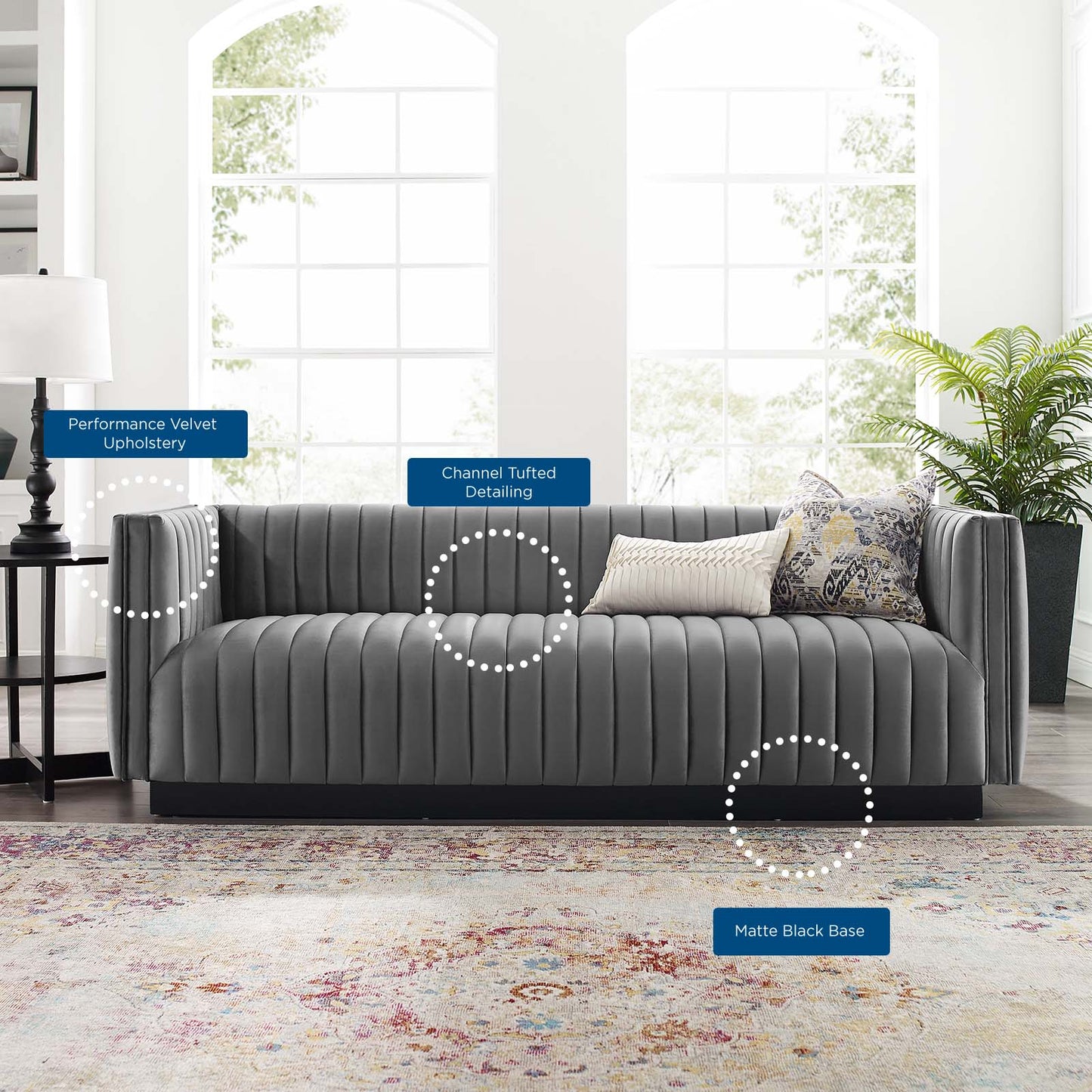Conjure Channel Tufted Velvet Sofa, Velvet, Grey Gray, 18677