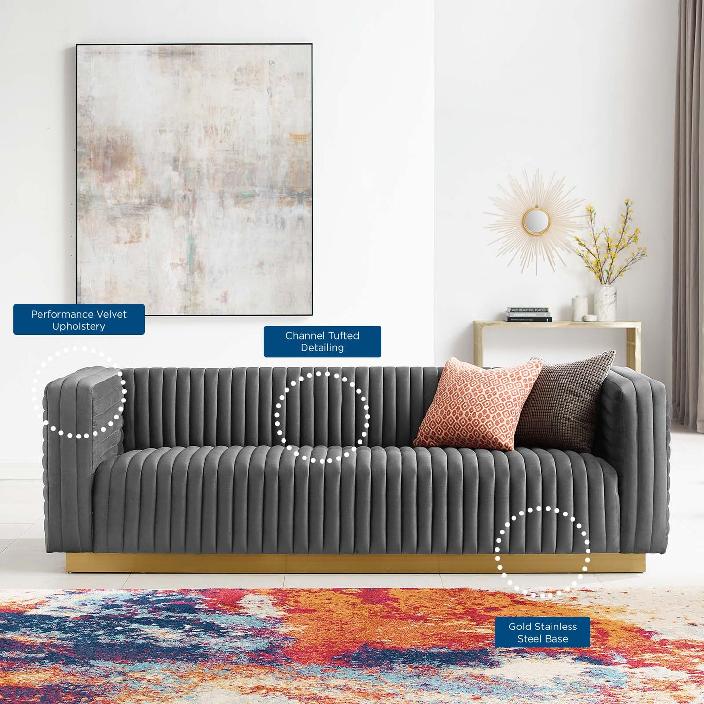 Charisma Channel Tufted Performance Velvet Living Room Sofa, Velvet, Dark Grey Gray, 18679