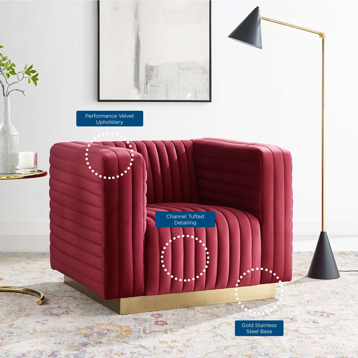 Charisma Channel Tufted Performance Velvet Accent Armchair, Velvet, Red, 18684