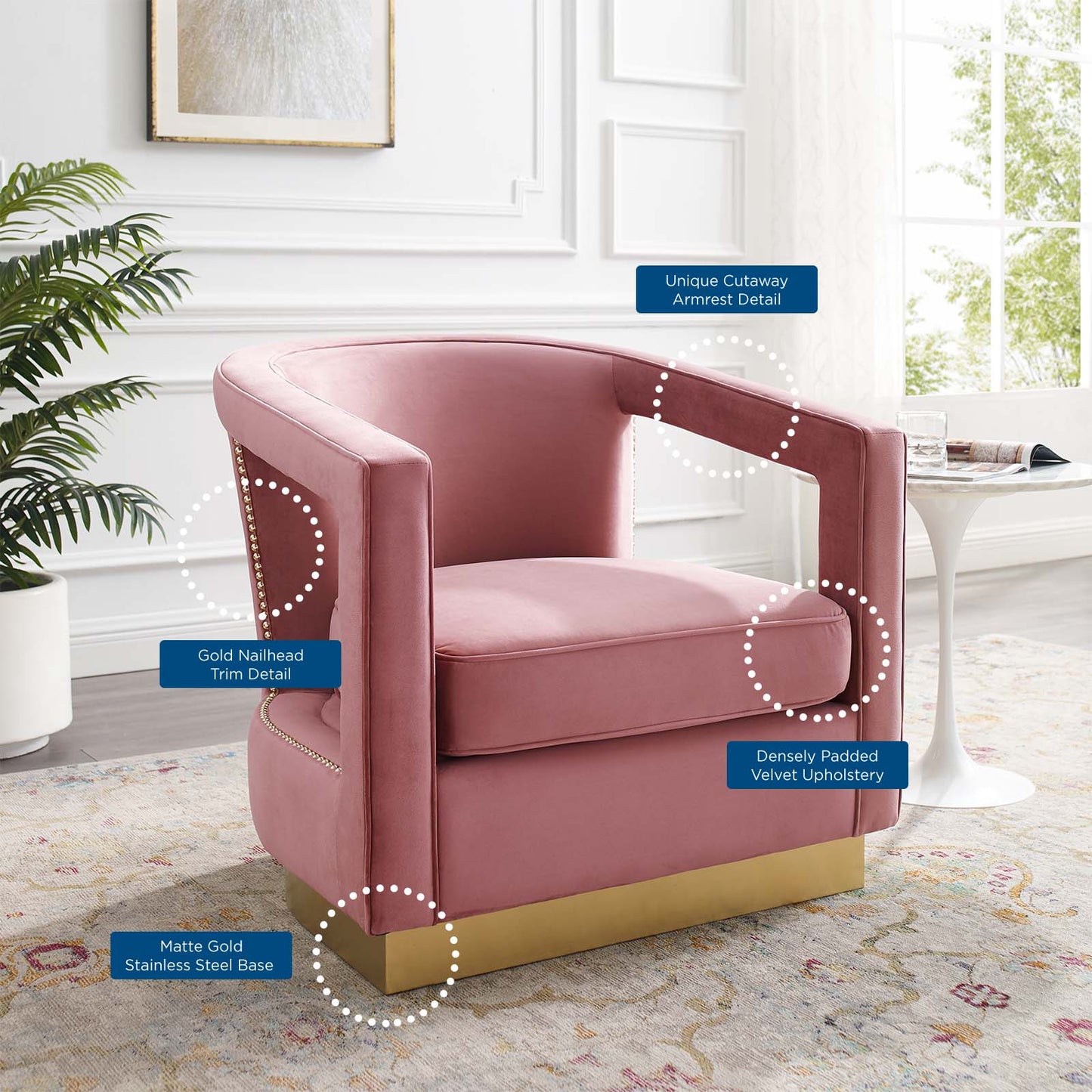 Frolick Performance Velvet Armchair, Velvet, Pink, 18687