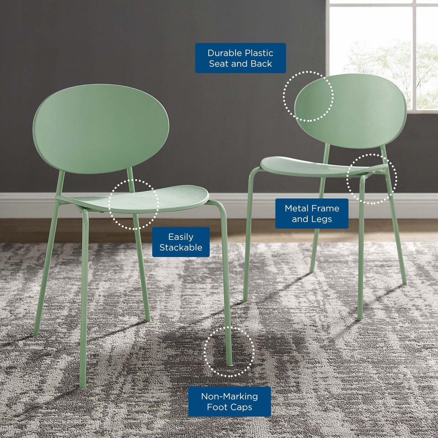 Palette Dining Side Chair Set of 2, Plastic, Metal Steel, Green, 18728