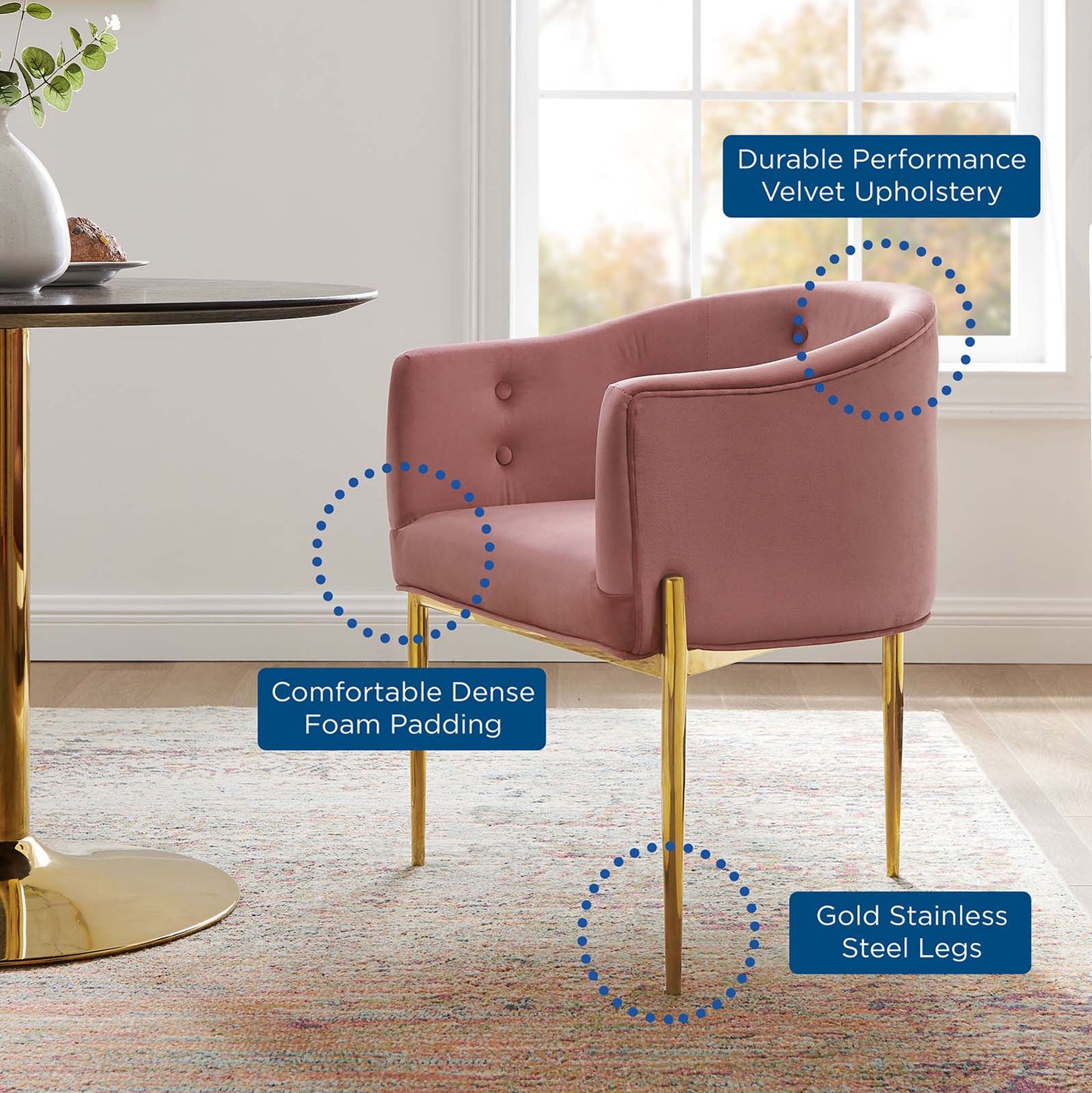 Savour Tufted Performance Velvet Accent Chair, Velvet, Metal Steel, Pink, 18732