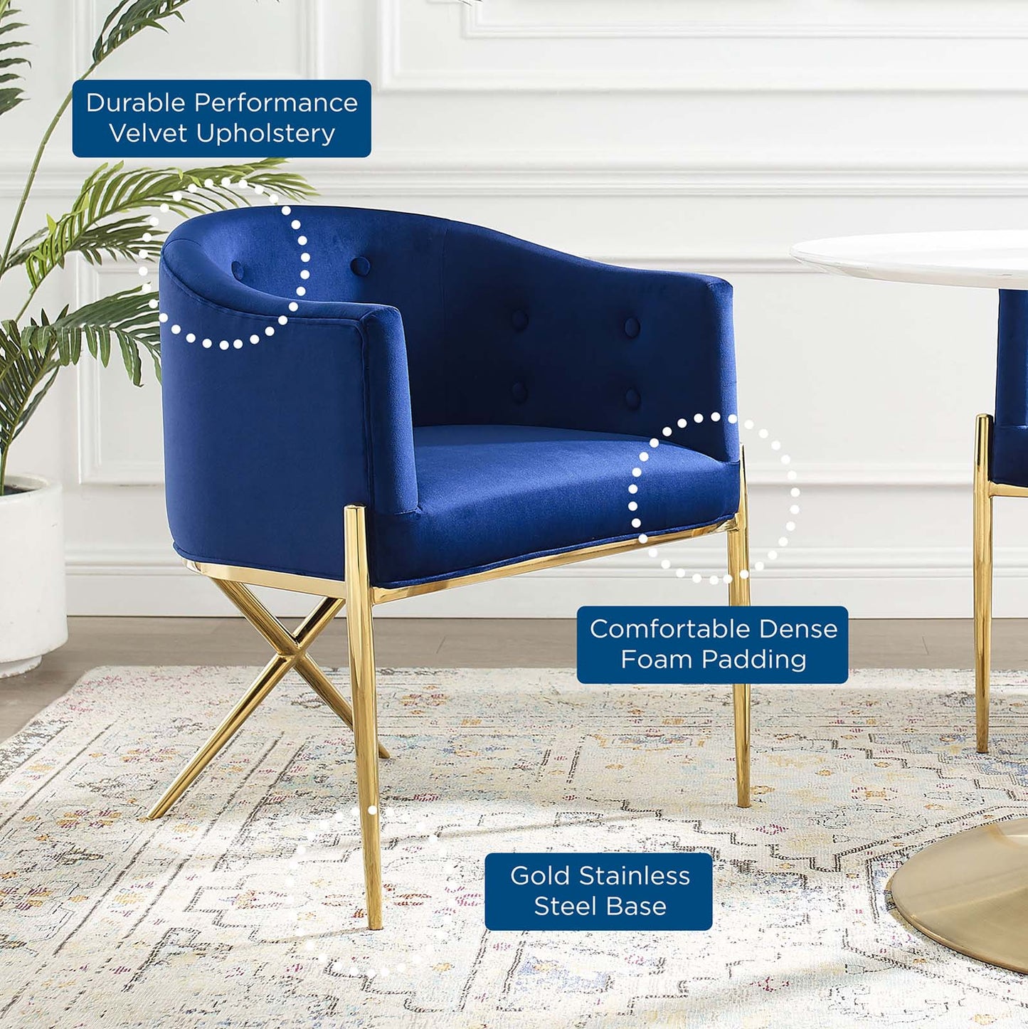 Savour Tufted Performance Velvet Accent Dining Armchair, Velvet, Metal Steel, Blue Navy, 18742