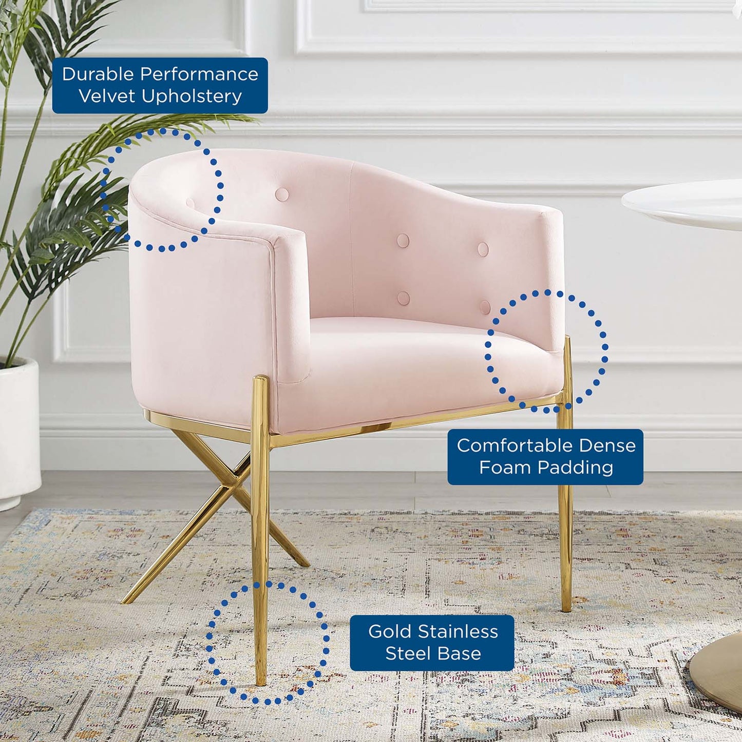 Savour Tufted Performance Velvet Accent Dining Armchair, Velvet, Metal Steel, Pink, 18743