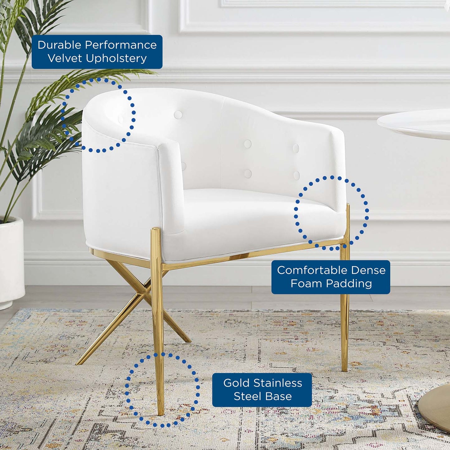Savour Tufted Performance Velvet Accent Dining Armchair, Velvet, Metal Steel, White, 18744