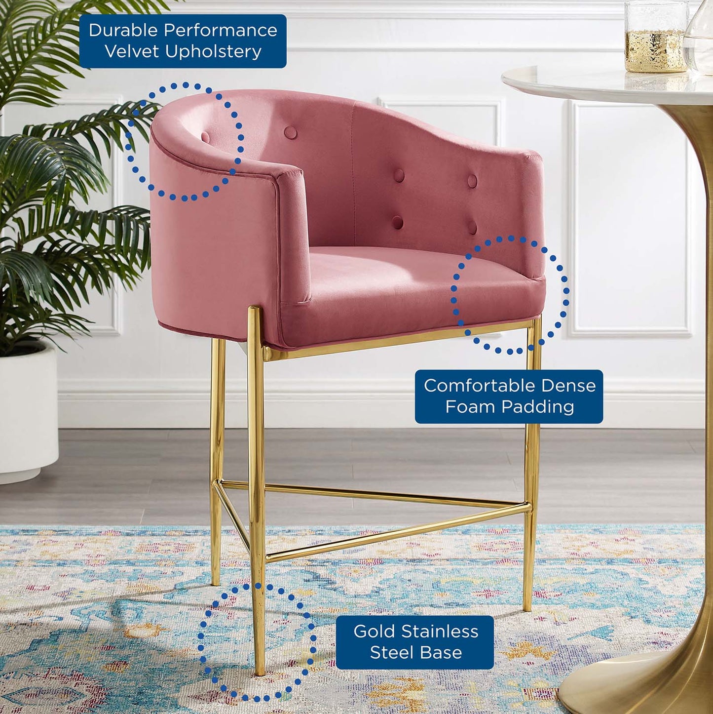 Savour Tufted Counter Stool, Velvet, Metal Steel, Pink, 18768