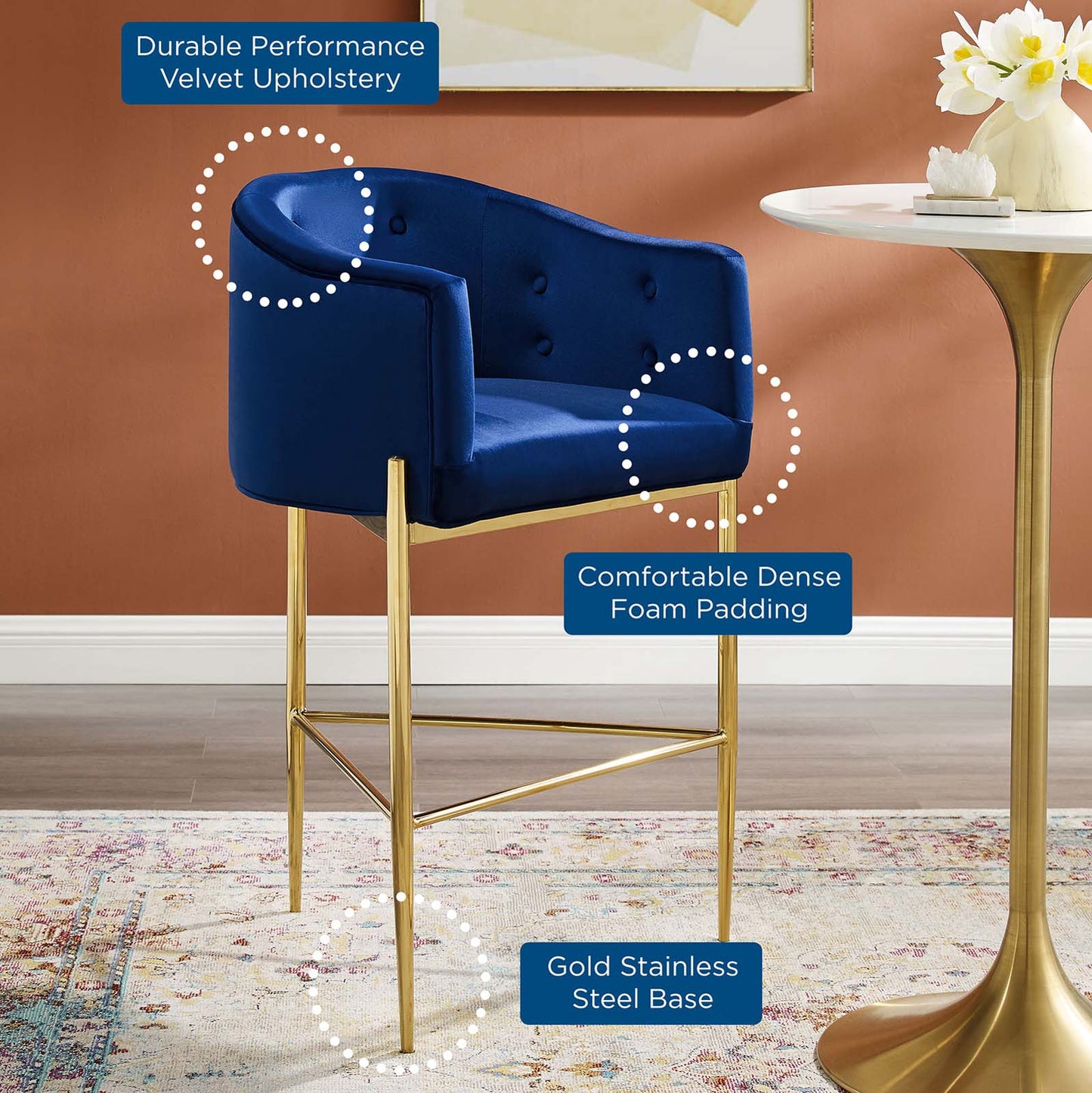 Savour Tufted Performance Velvet Bar Stool, Velvet, Metal Steel, Blue Navy, 18774