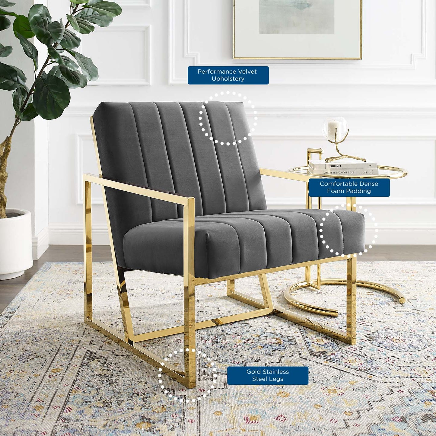 Inspire Channel Tufted Performance Velvet Armchair, Velvet, Dark Grey Gray, 18777