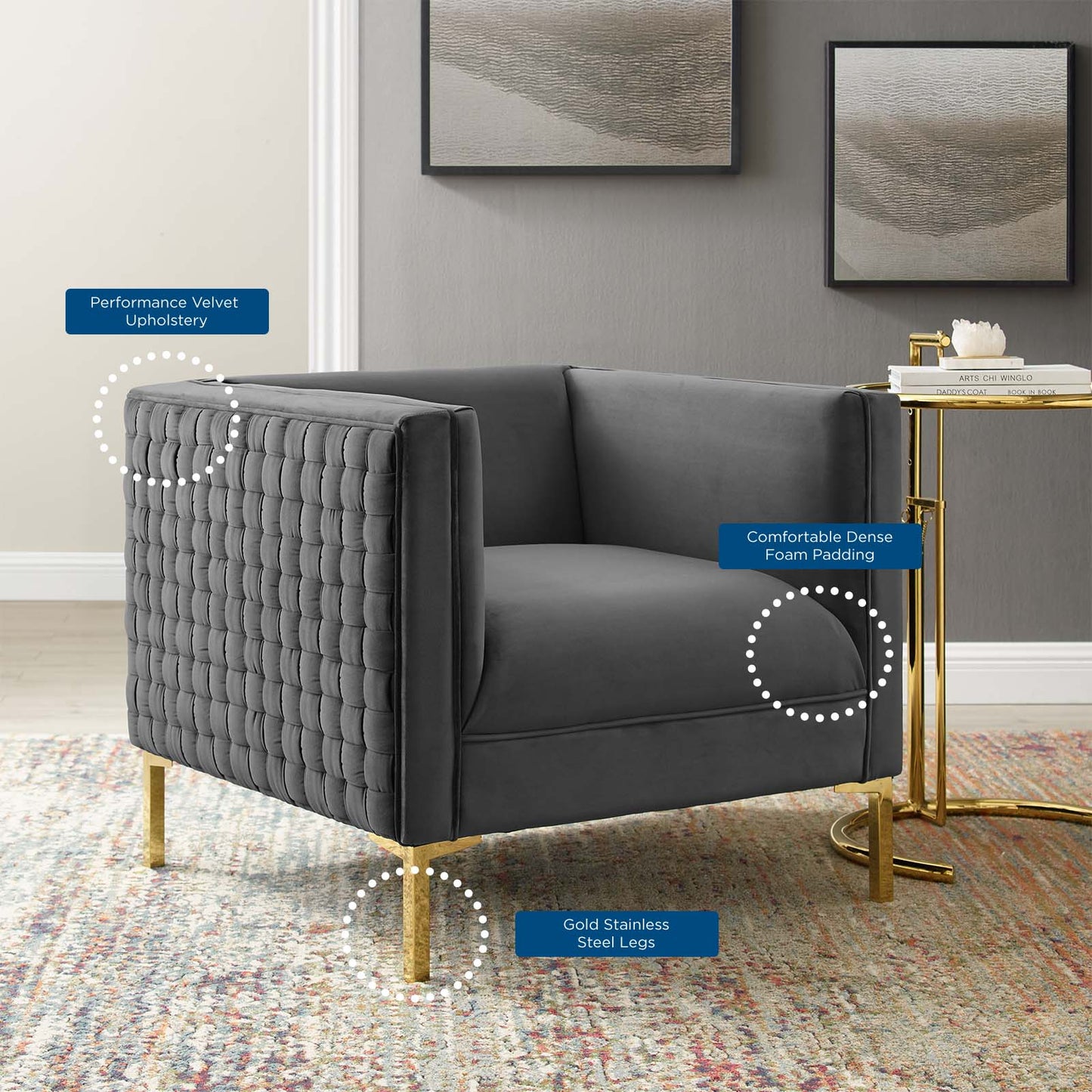 Resonate Performance Velvet Armchair, Velvet, Dark Grey Gray, 18782
