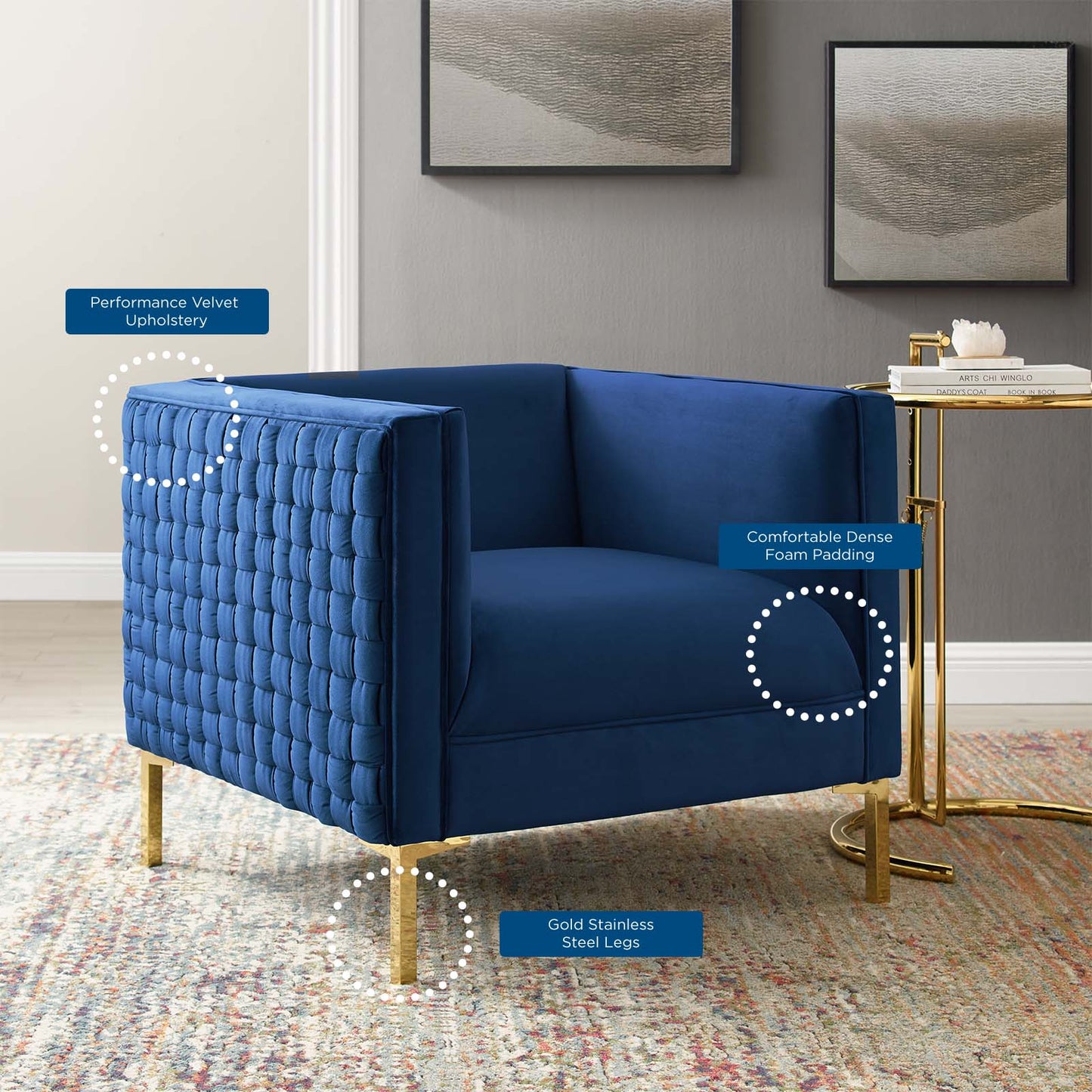 Resonate Performance Velvet Armchair, Velvet, Blue Navy, 18784