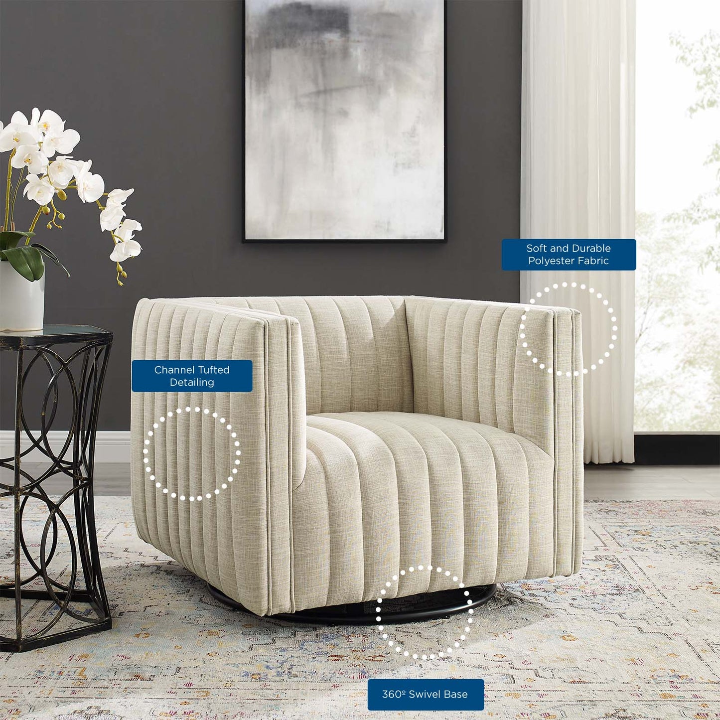 Conjure Tufted Swivel Upholstered Armchair, Fabric, Beige, 18804
