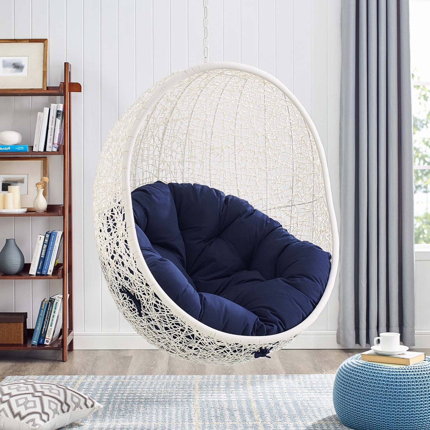 Hide Outdoor Patio Sunbrella® Swing Chair With Stand, White Blue Navy, 18821
