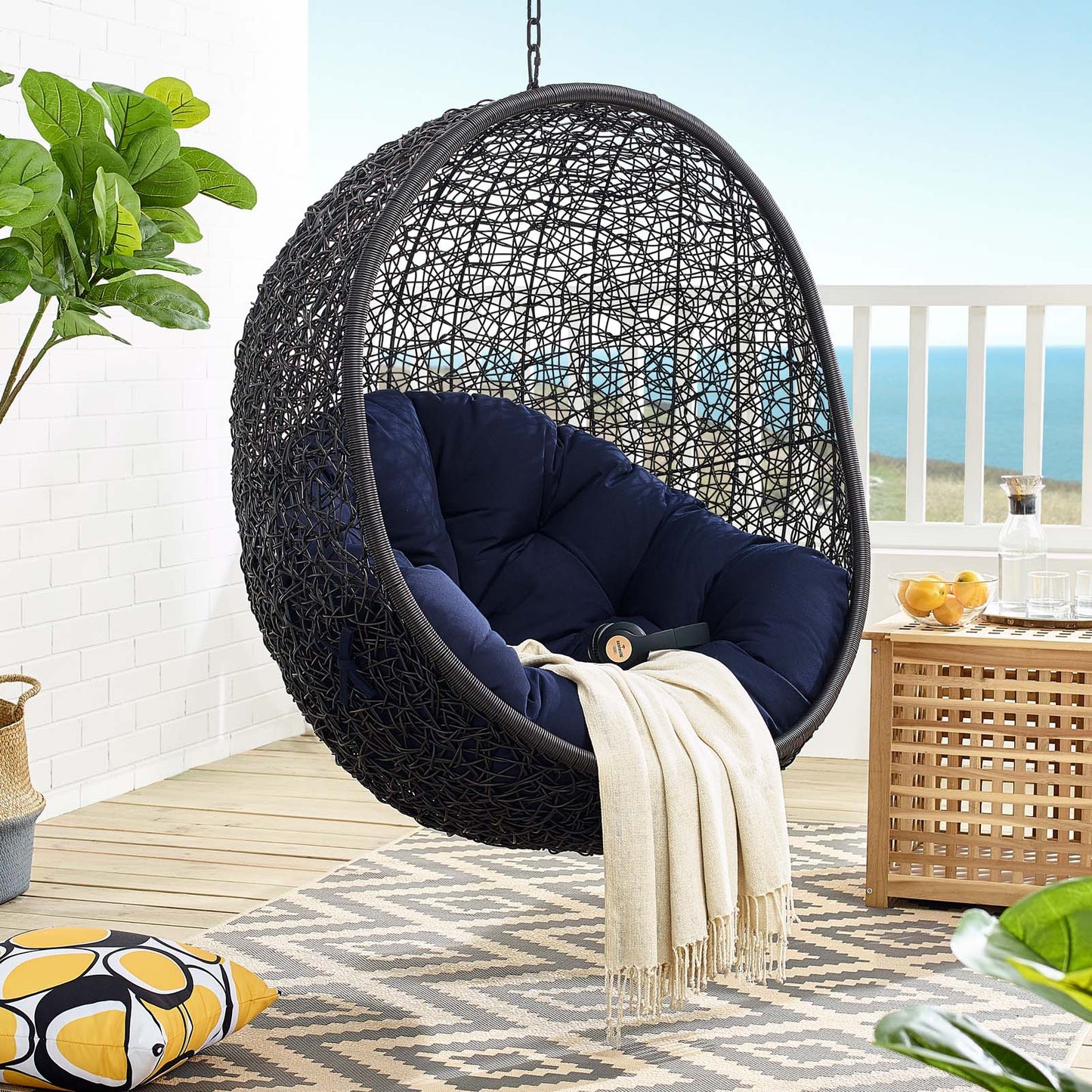 Encase Sunbrella® Swing Outdoor Patio Lounge Chair, Black Navy Blue, 18827