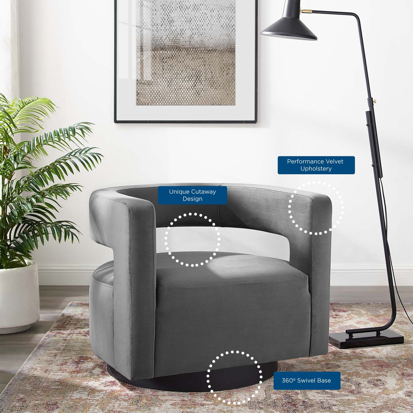 Spin Cutaway Performance Velvet Swivel Armchair, Velvet, Grey Gray, 18830