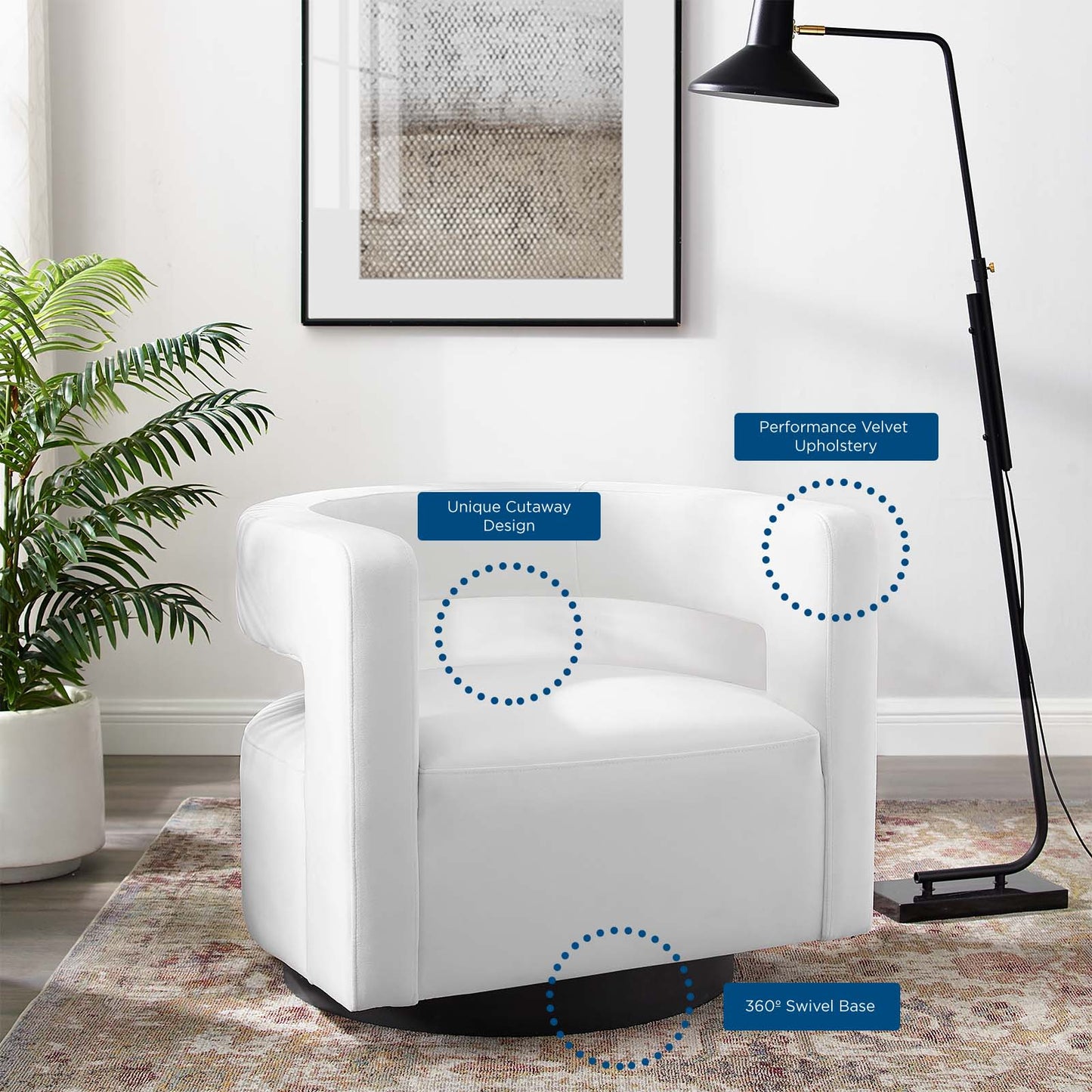 Spin Cutaway Performance Velvet Swivel Armchair, Velvet, White, 18832