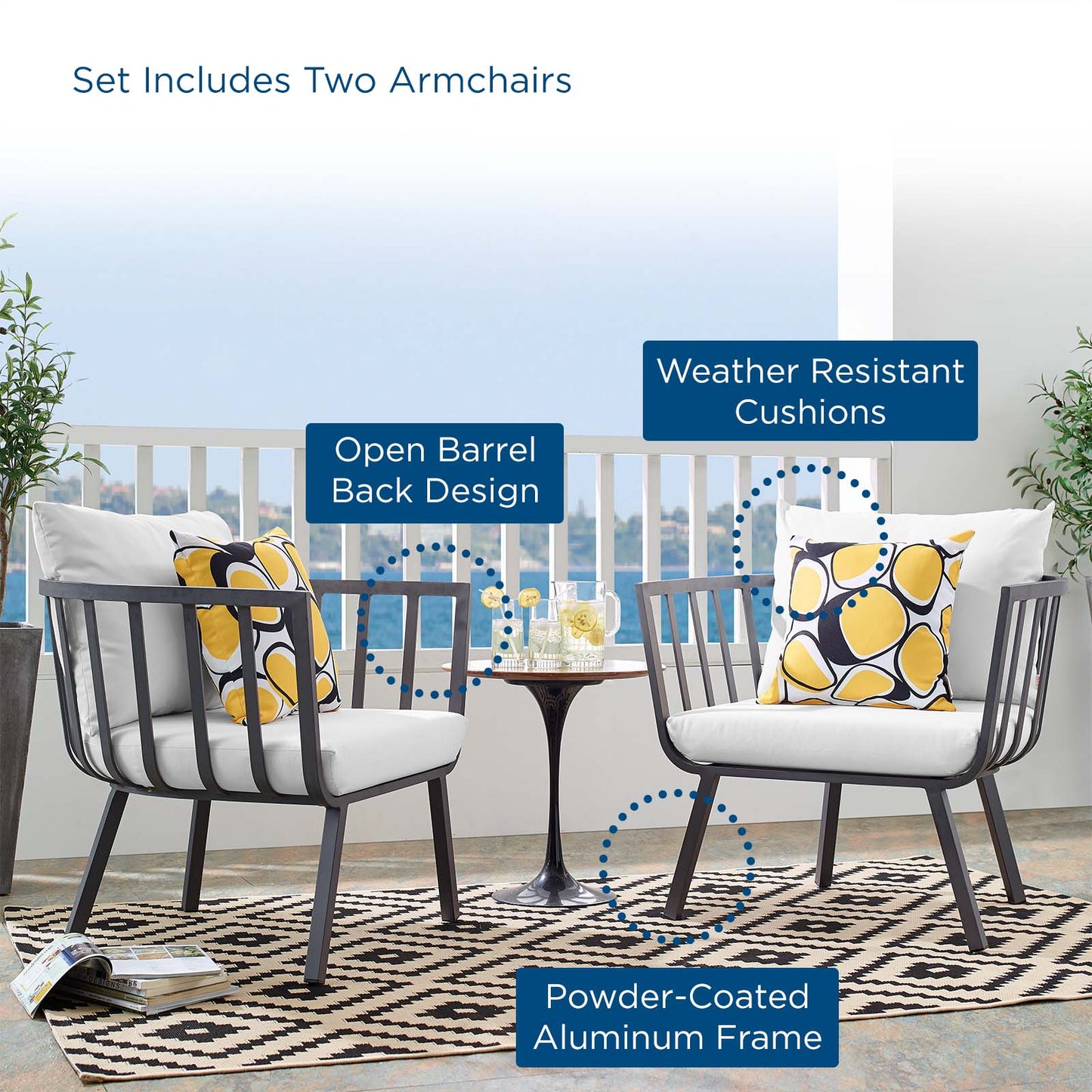 Riverside Outdoor Patio Aluminum Armchair Set of 2, Aluminum, Metal, Steel, Grey Gray White, 18873