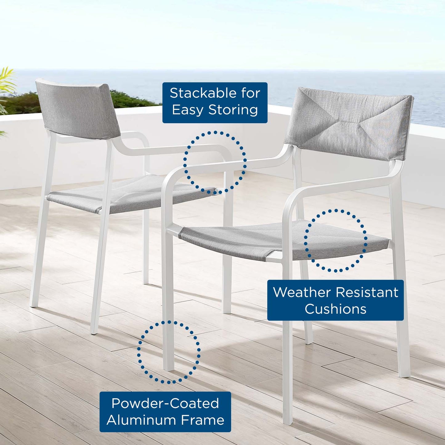 Raleigh Outdoor Patio Aluminum Armchair Set of 2, Aluminum, Metal, Steel, White Grey Gray, 18878