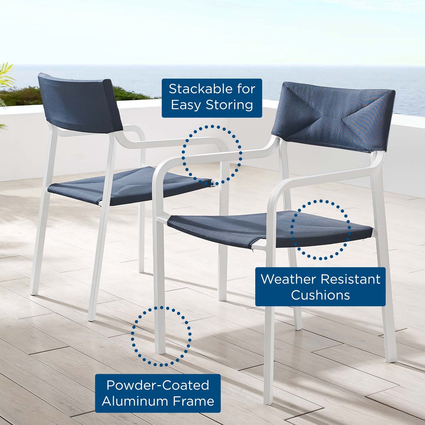 Raleigh Outdoor Patio Aluminum Armchair Set of 2, Aluminum, Metal, Steel, White Blue Navy, 18879