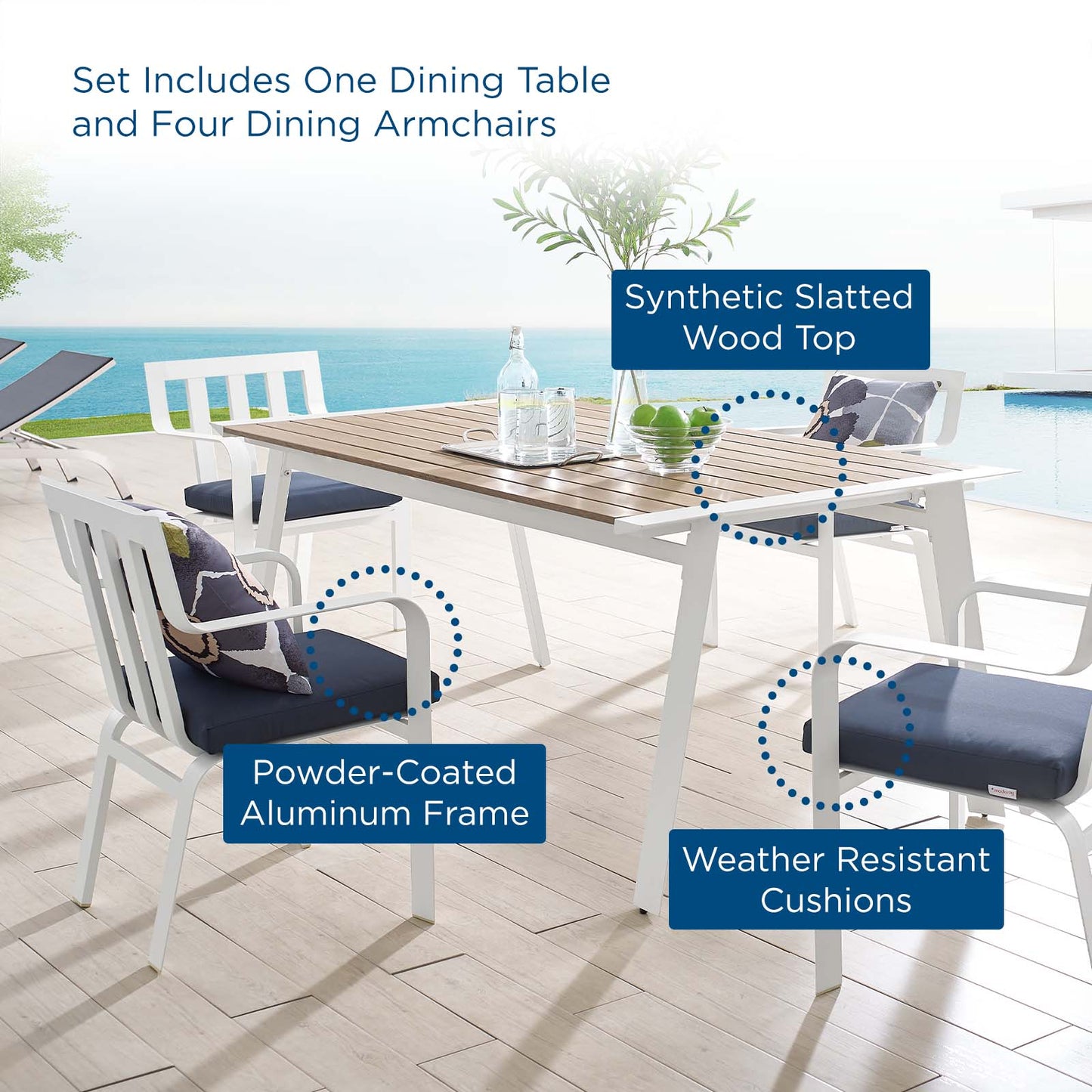 Baxley 5 Piece Outdoor Patio Aluminum Dining Set, Aluminum, Metal, Steel, White Blue Navy, 18883