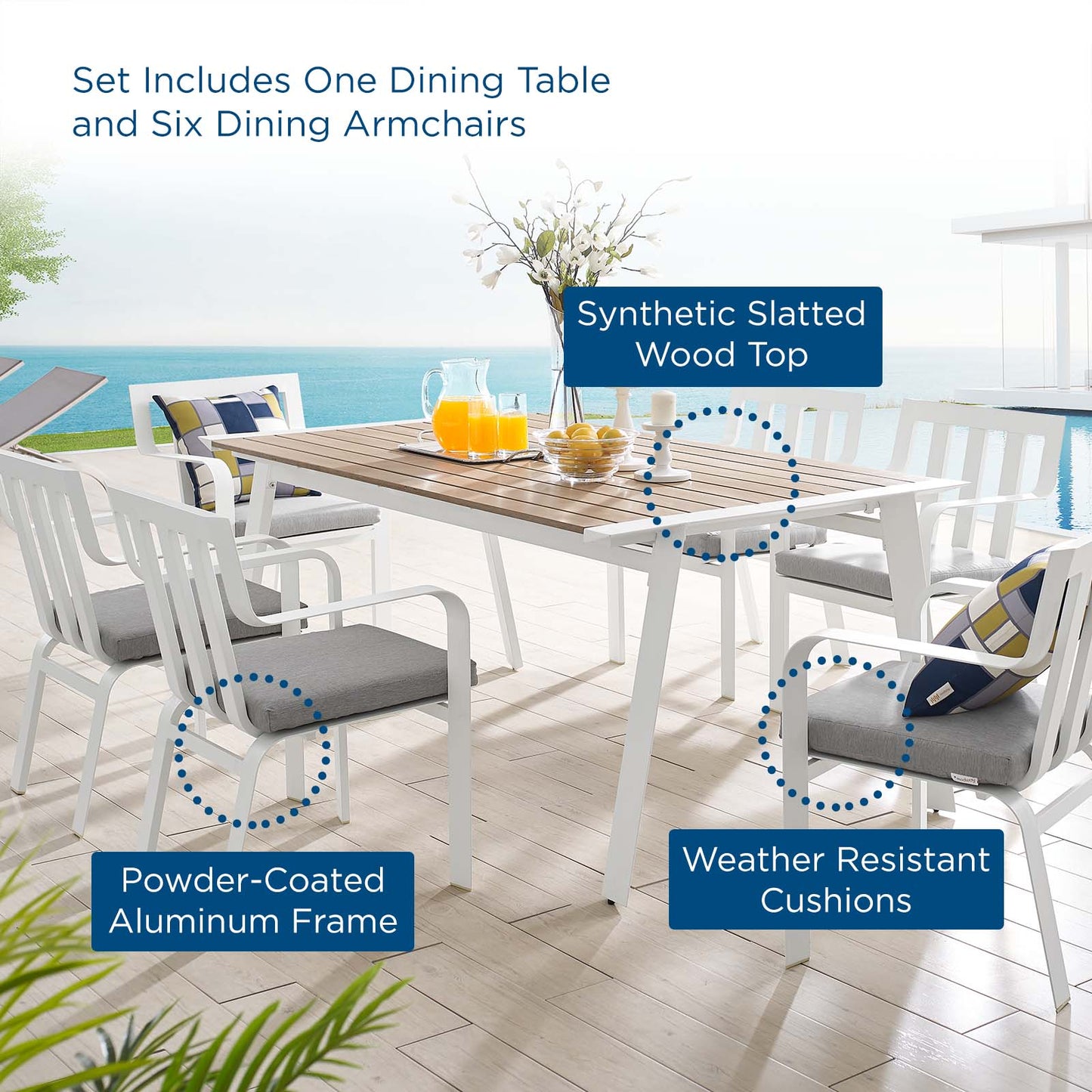 Baxley 7 Piece Outdoor Patio Aluminum Dining Set, Aluminum, Metal, Steel, White Grey Gray, 18884