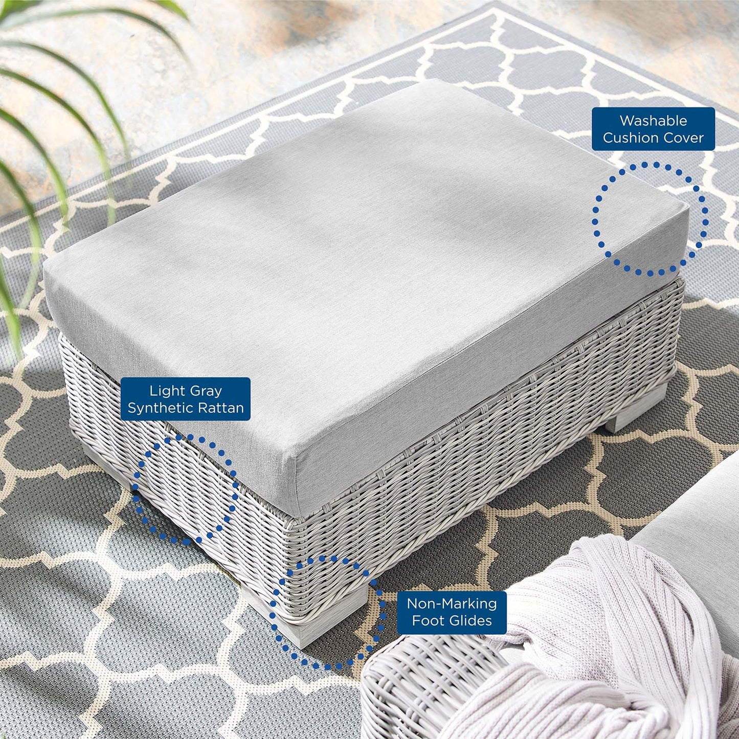 Conway Sunbrella® Outdoor Patio Wicker Rattan Ottoman, Rattan, Wicker, Grey Gray, 18893