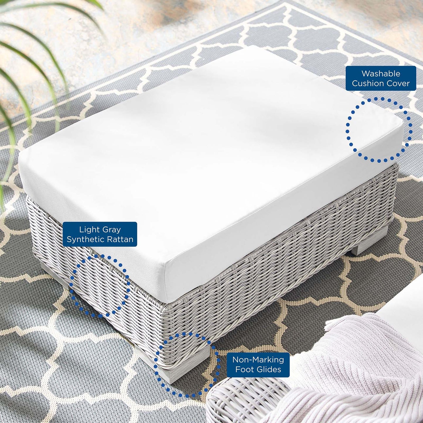 Conway Sunbrella® Outdoor Patio Wicker Rattan Ottoman, Rattan, Wicker, Light Grey Gray White, 18895