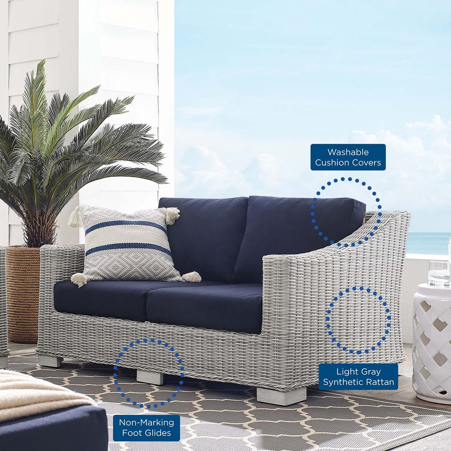 Conway Sunbrella® Outdoor Patio Wicker Rattan Loveseat, Rattan, Wicker, Light Grey Gray Blue Navy, 18900