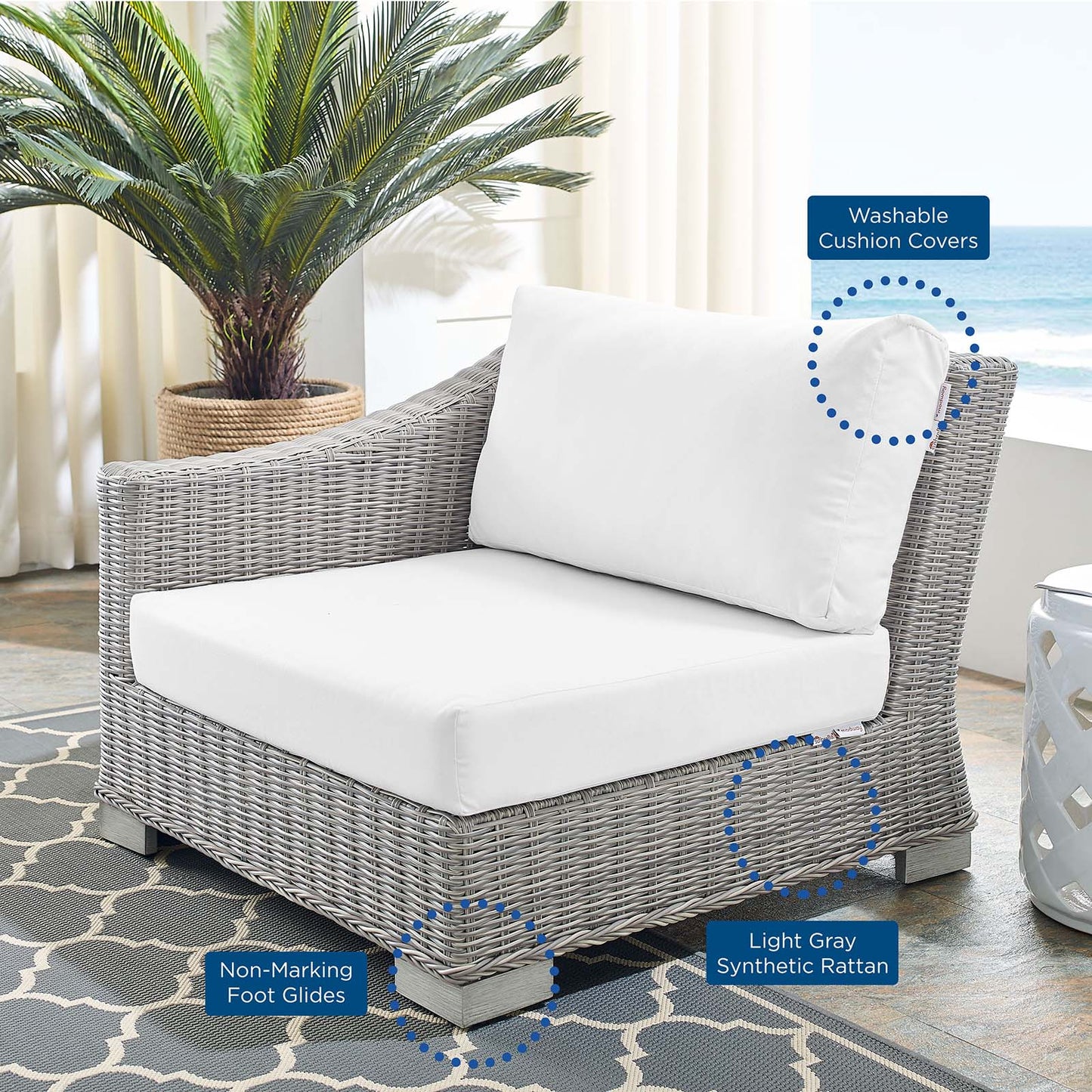 Conway Sunbrella® Outdoor Patio Wicker Rattan Left-Arm Chair, Rattan, Wicker, Light Grey Gray White, 18907