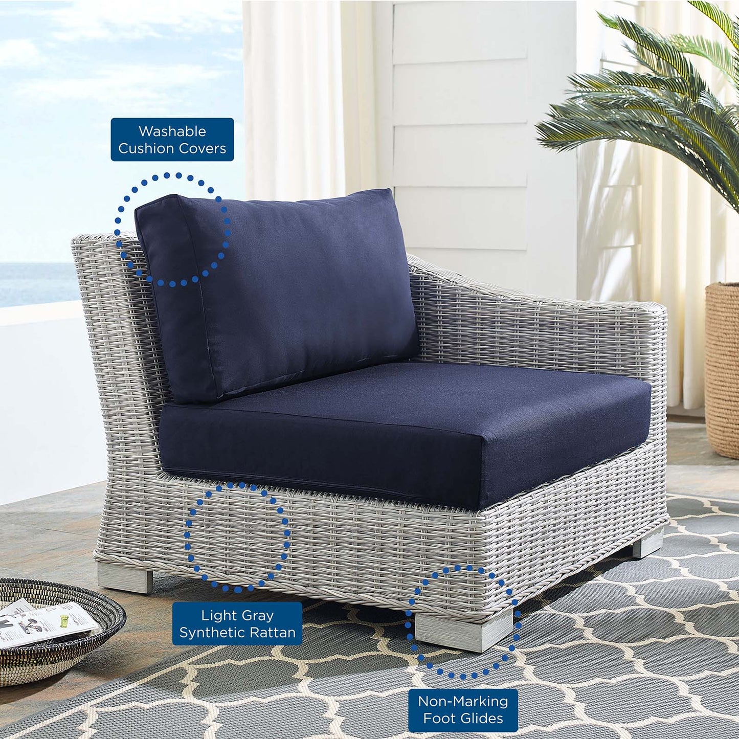 Conway Sunbrella® Outdoor Patio Wicker Rattan Right-Arm Chair, Rattan, Wicker, Light Grey Gray Blue Navy, 18909