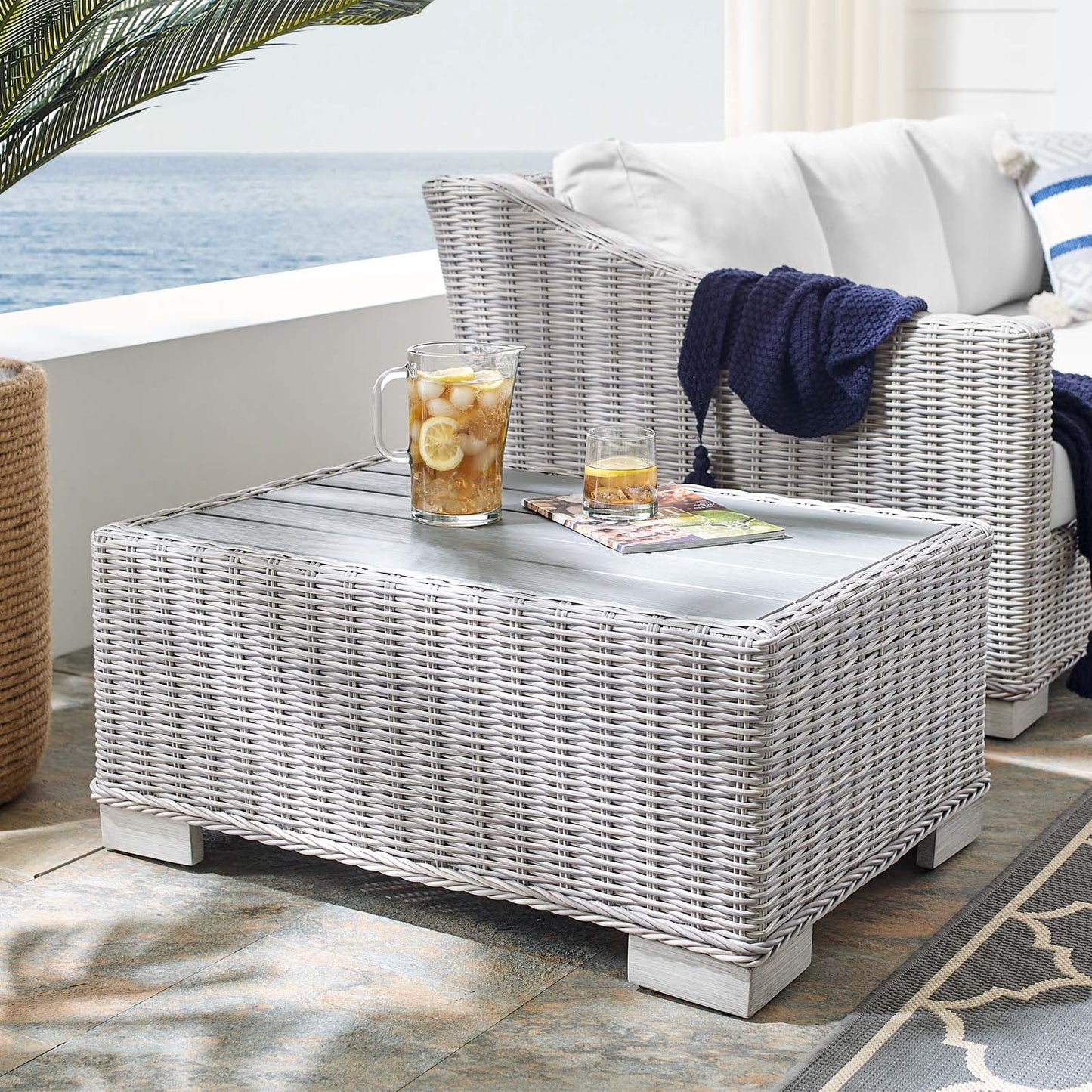 Conway 32" Outdoor Patio Wicker Rattan Coffee Table, Rattan, Wicker, Light Grey Gray, 18920