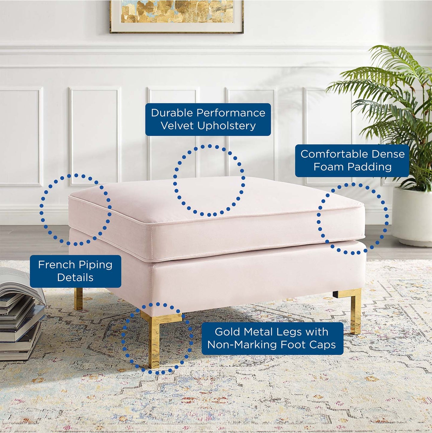 Ardent Performance Velvet Ottoman, Velvet, Pink, 18936