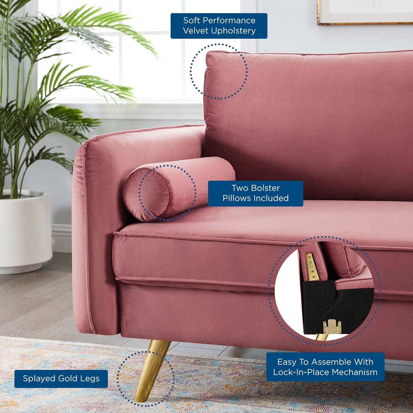 Revive Performance Velvet Sofa, Velvet, Pink, 18937