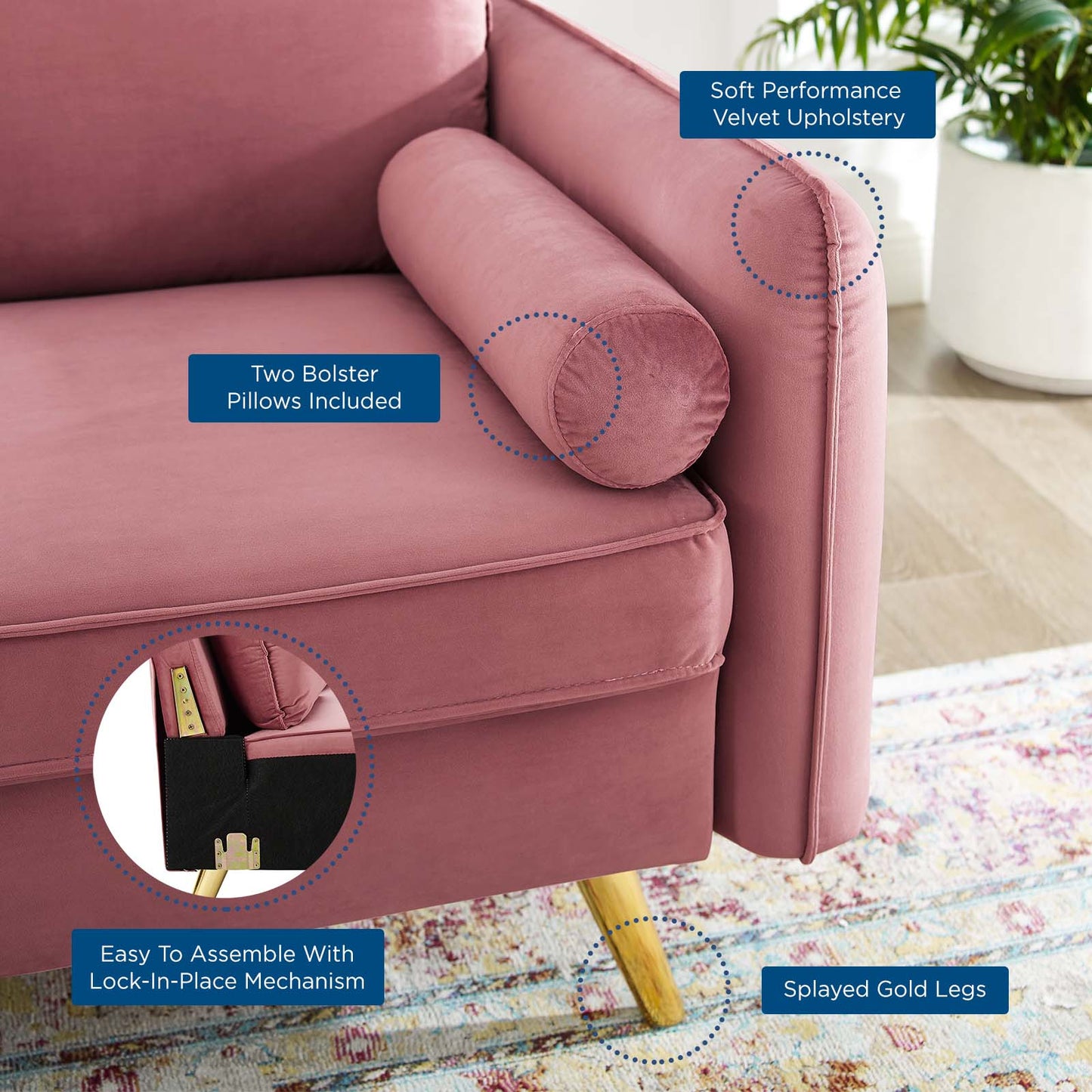 Revive Performance Velvet Loveseat, Velvet, Pink, 18944
