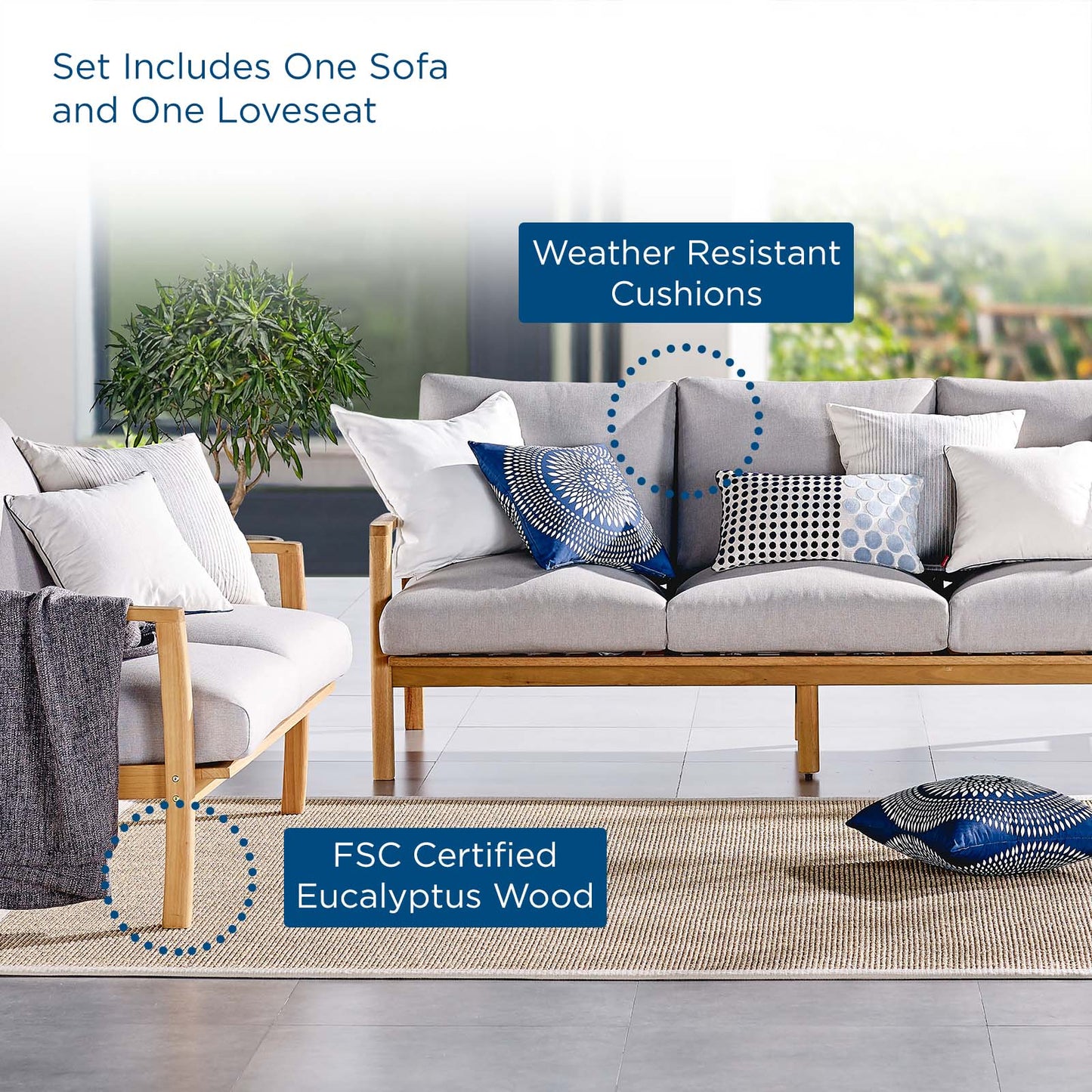 Orlean Outdoor Patio Eucalyptus Wood Sofa and Loveseat Set, Wood, Brown Natural Light Grey Gray, 18951