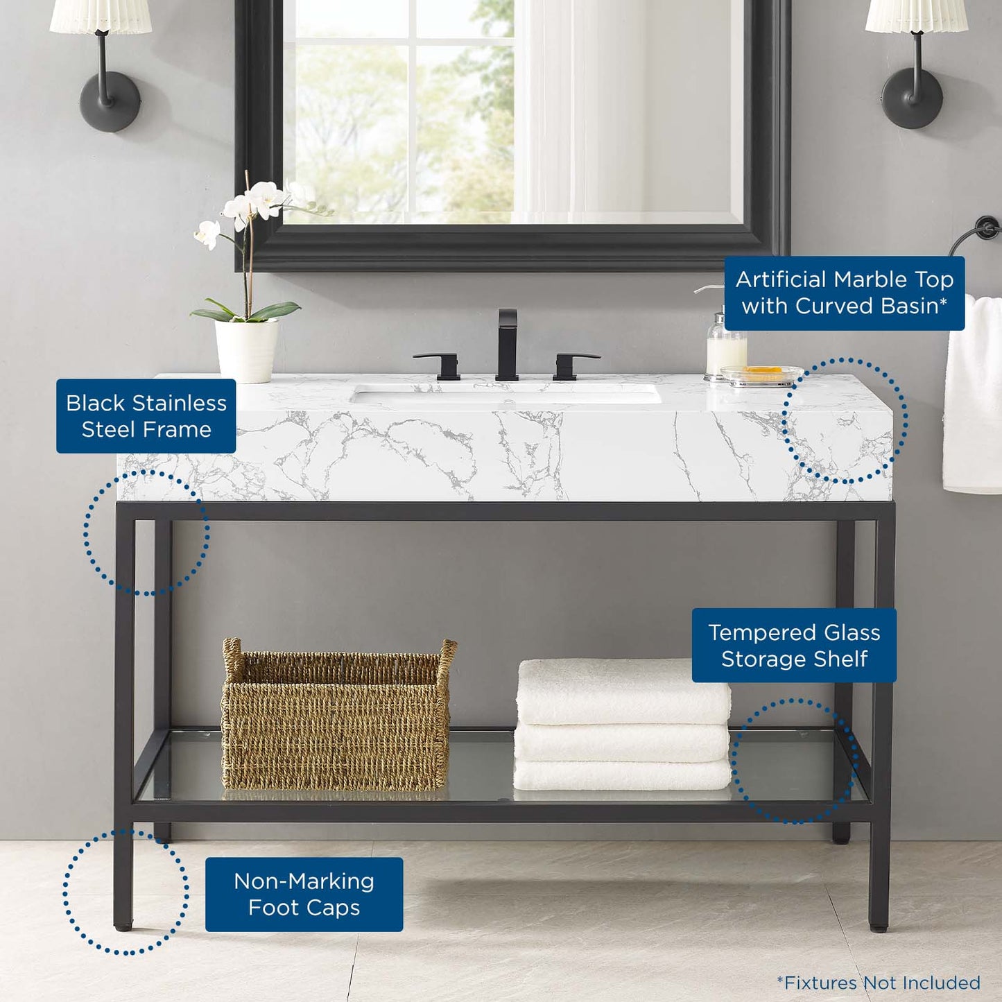 Kingsley 50" Black Stainless Steel Bathroom Vanity, Artificial Marble, Metal Steel, Black White, 18961