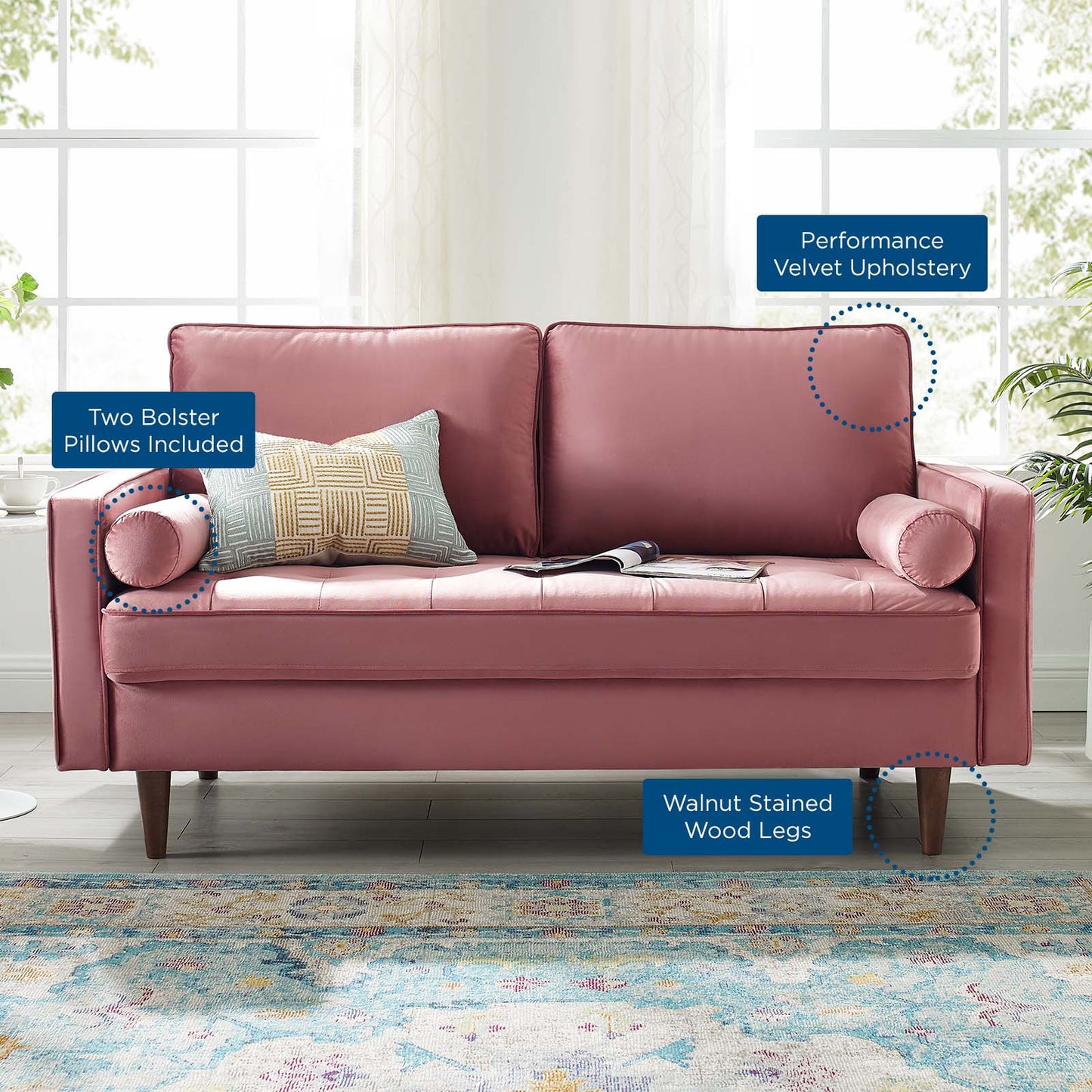 Valour Performance Velvet Loveseat, Velvet, Pink, 18967