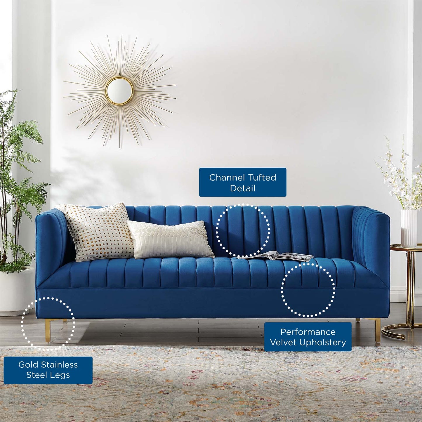 Shift Channel Tufted Performance Velvet Sofa, Velvet, Blue Navy, 19300