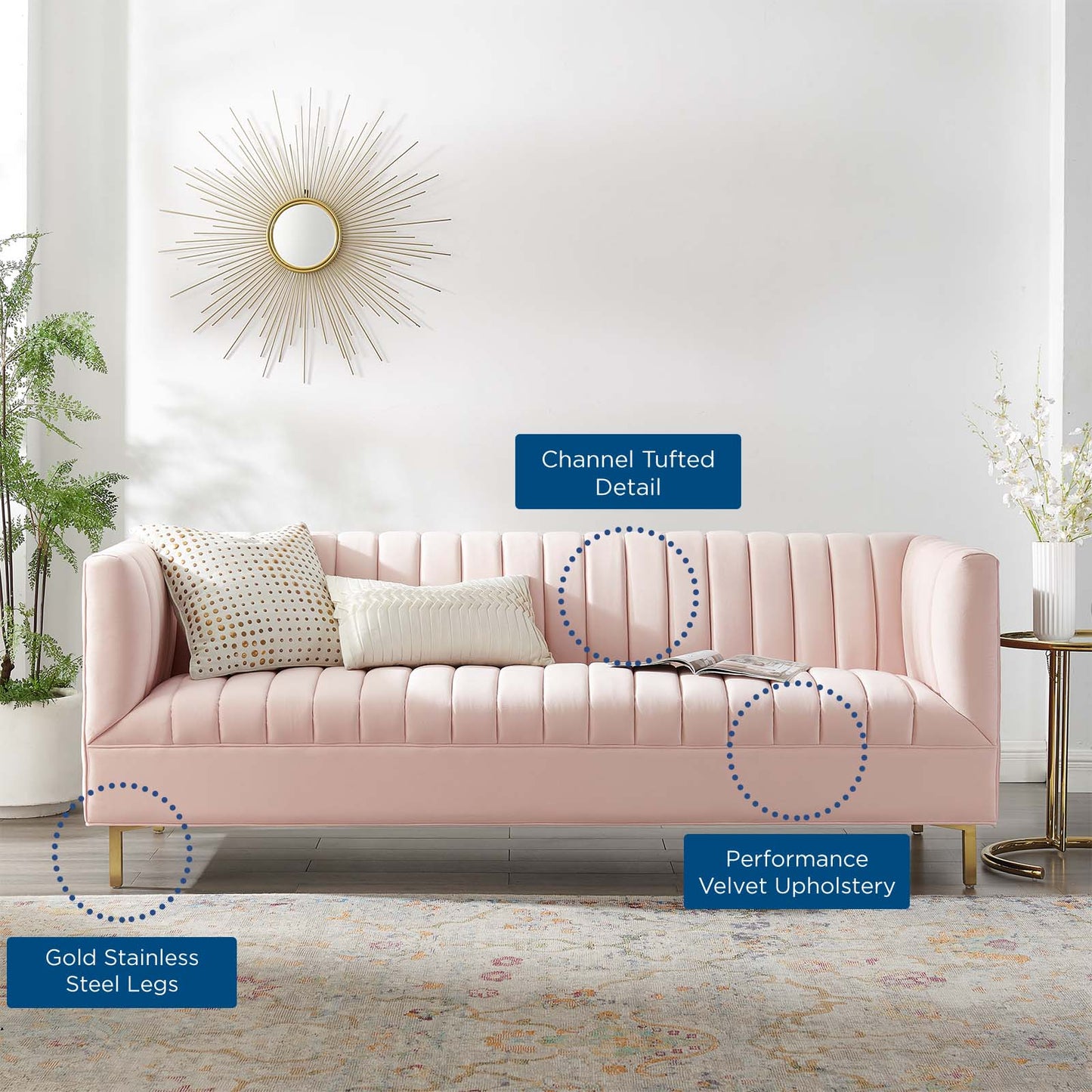 Shift Channel Tufted Performance Velvet Sofa, Velvet, Pink, 19301
