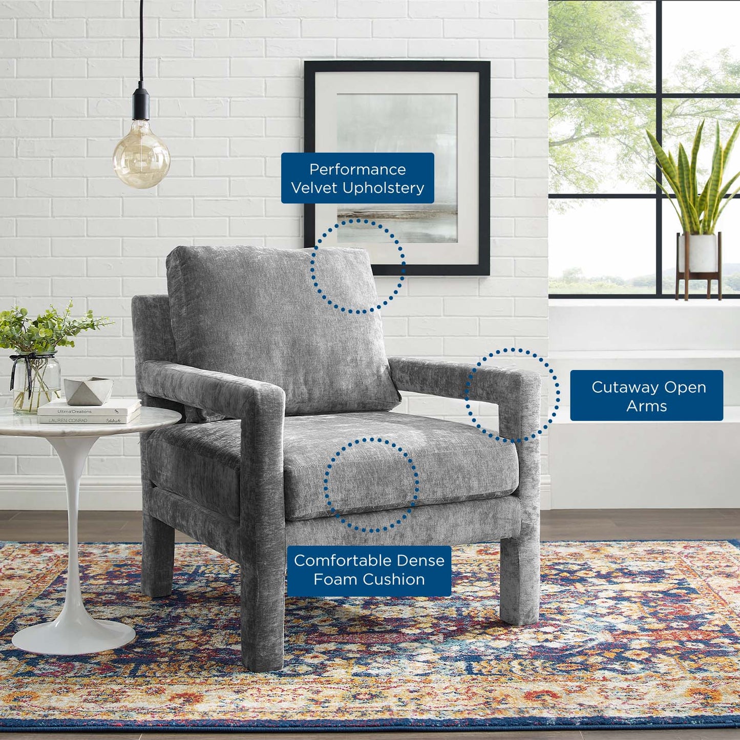 Rehearse Crushed Performance Velvet Armchair, Velvet, Grey Gray, 19303