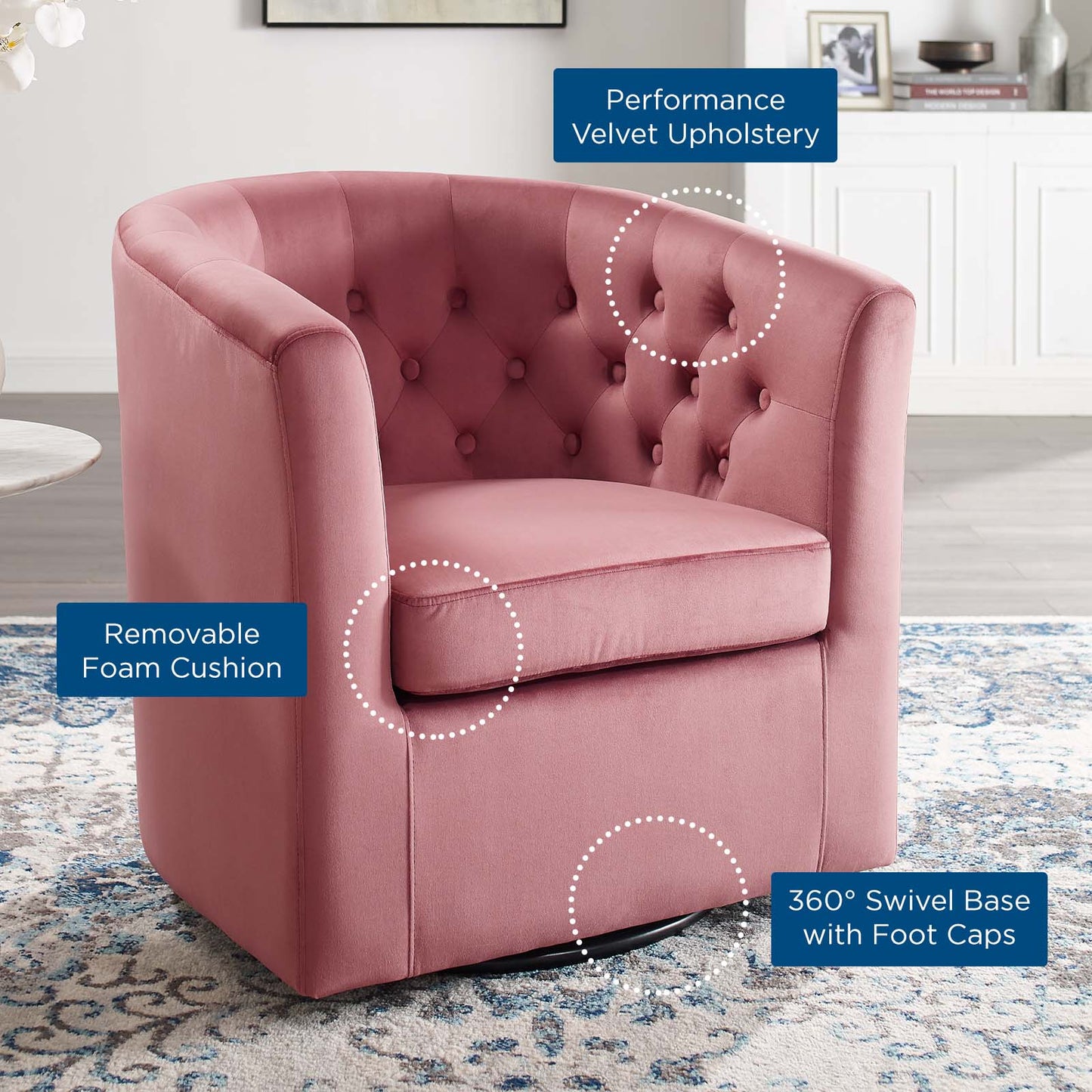Prospect Tufted Performance Velvet Swivel Armchair, Velvet, Pink, 19333
