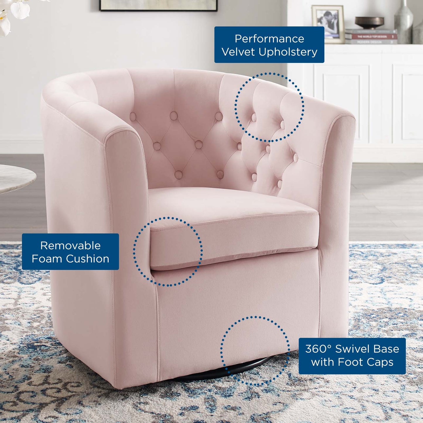 Prospect Tufted Performance Velvet Swivel Armchair, Velvet, Pink, 19337