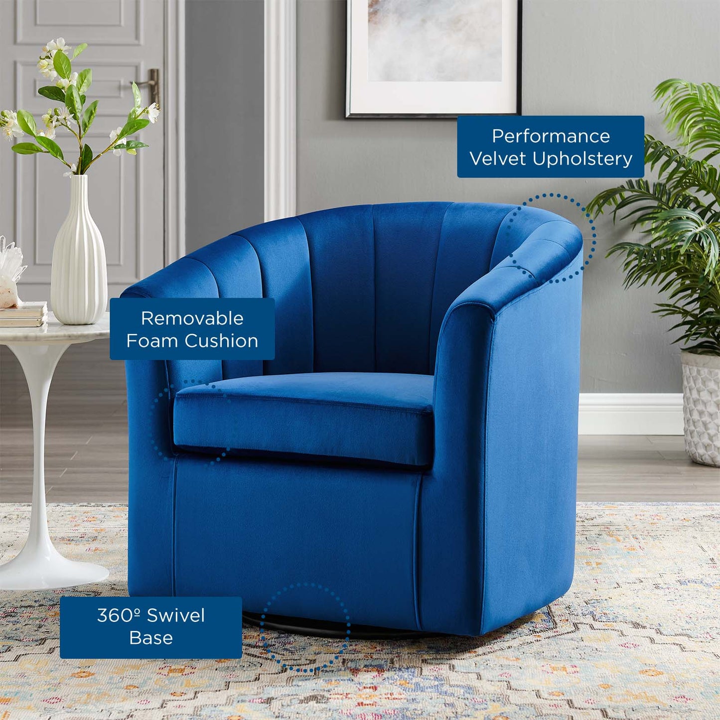 Prospect Performance Velvet Swivel Armchair, Velvet, Blue Navy, 19343