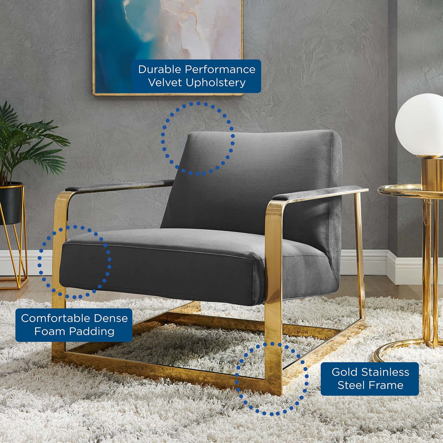Seg Performance Velvet Accent Chair, Velvet, Metal Steel, Gold Grey Gray, 19545