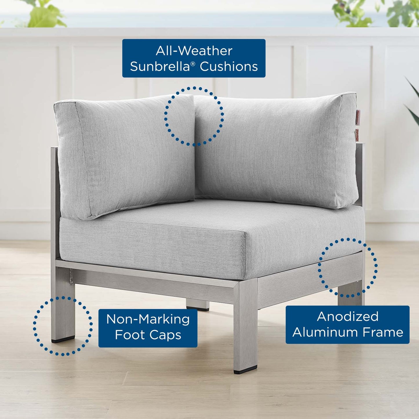 Shore Sunbrella® Fabric Aluminum Outdoor Patio Corner Sofa, Fabric, Aluminum, Metal, Steel, Silver Grey Gray, 19554