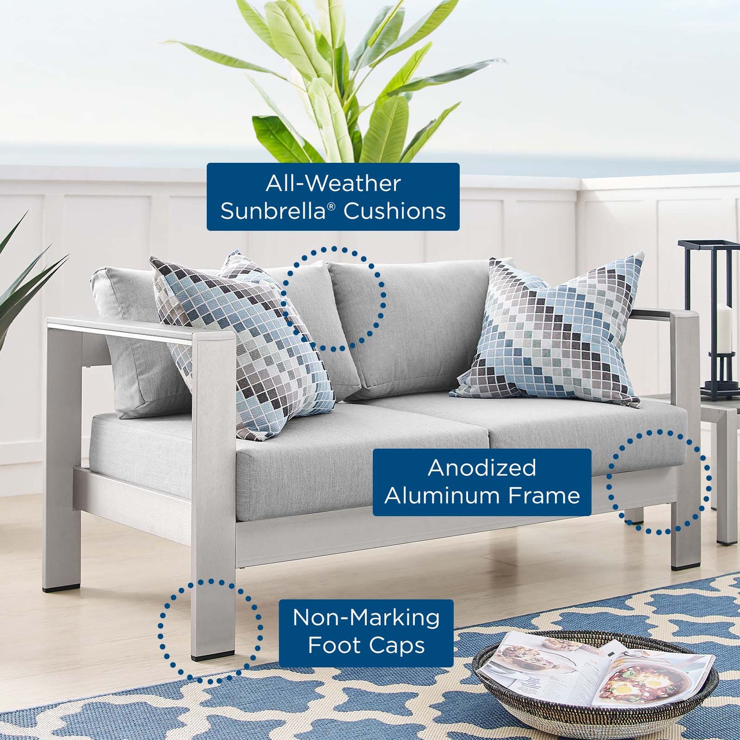 Shore Sunbrella® Fabric Aluminum Outdoor Patio Loveseat, Fabric, Aluminum, Metal, Steel, Silver Grey Gray, 19558