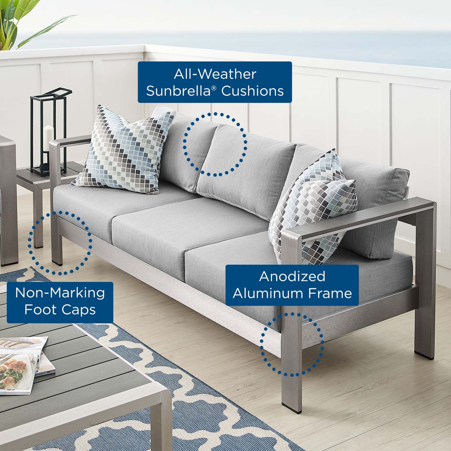 Shore Sunbrella® Fabric Aluminum Outdoor Patio Sofa, Fabric, Aluminum, Metal, Steel, Silver Grey Gray, 19562