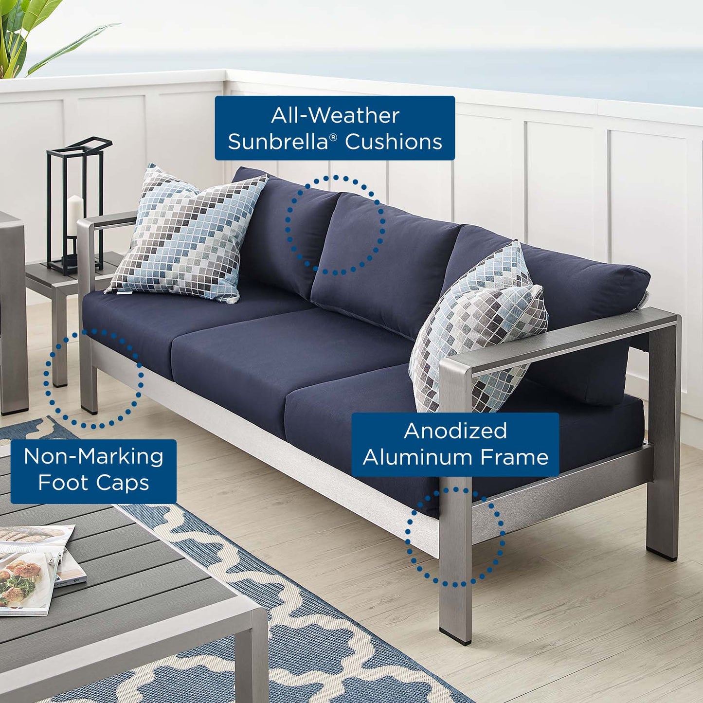 Shore Sunbrella® Fabric Aluminum Outdoor Patio Sofa, Fabric, Aluminum, Metal, Steel, Silver Blue Navy, 19563